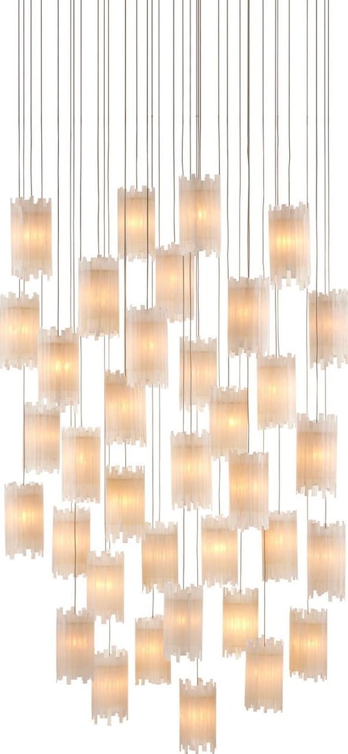 Currey Escenia Multi-Drop Selenite Pendant 36-Light Adjustable: Currey Escenia Multi-Drop Selenite Pendant 36-Light Adjustable Illuminate your space with the Luxurious Escenia Multi-Drop Selenite Pendant, a stunning lighting fixture that combines elegance with fun