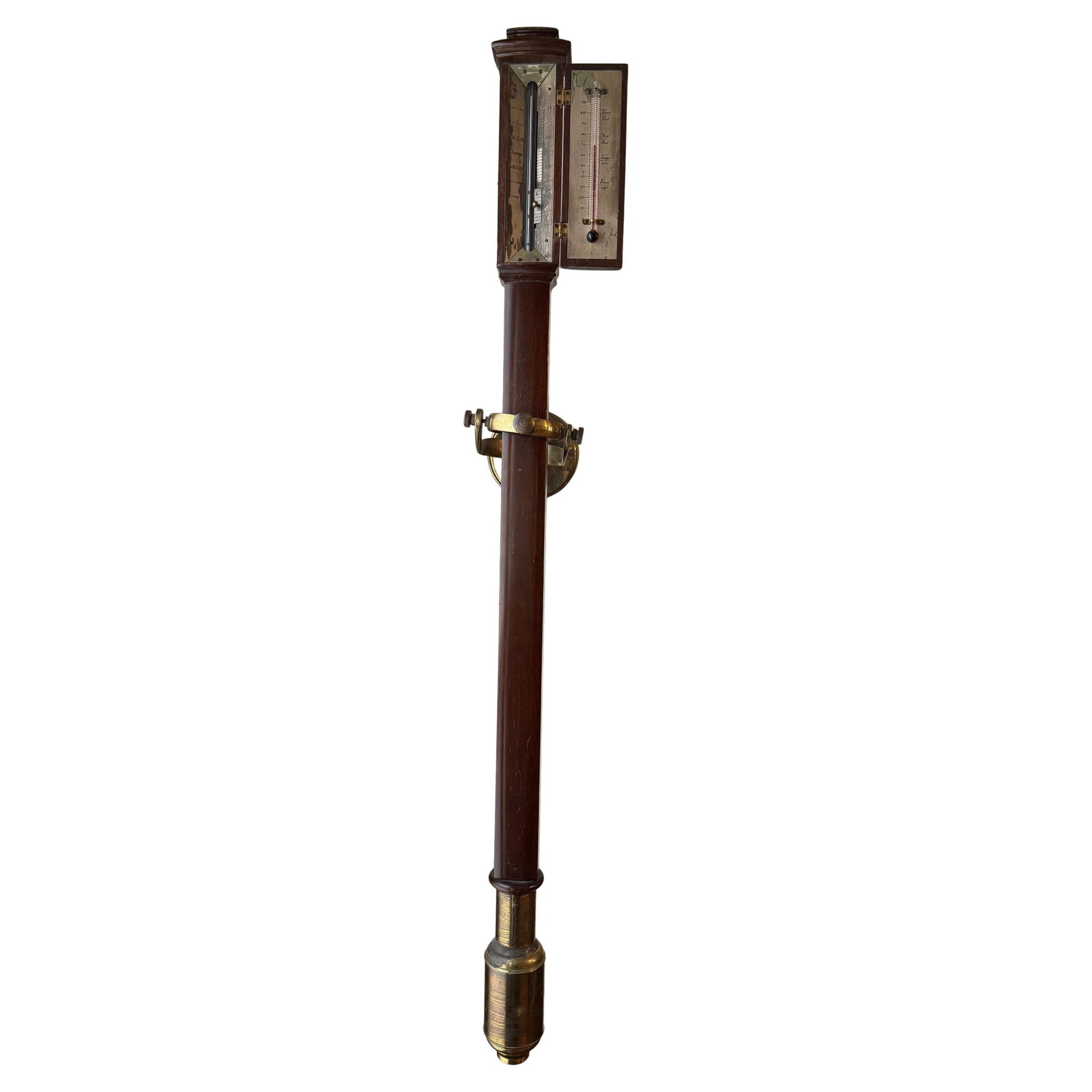 19th Century English Mahogany Brass Gimbal Thermometer Barometer: 19th Century English Mahogany Brass Gimbal Thermometer Barometer This exquisite 19th-century English nautical gimbal-mounted thermometer and barometer showcases remarkable maritime craftsmanship. Cons