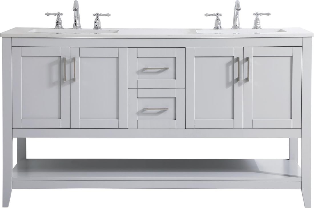 Elegant Gray Bathroom Vanity Dual Sinks Brushed Nickel Finish: Elegant Gray Bathroom Vanity Dual Sinks Brushed Nickel Finish Introducing an elegant gray vanity featuring dual sinks, perfect for enhancing your bathroom space. This transitional style vanity is craf