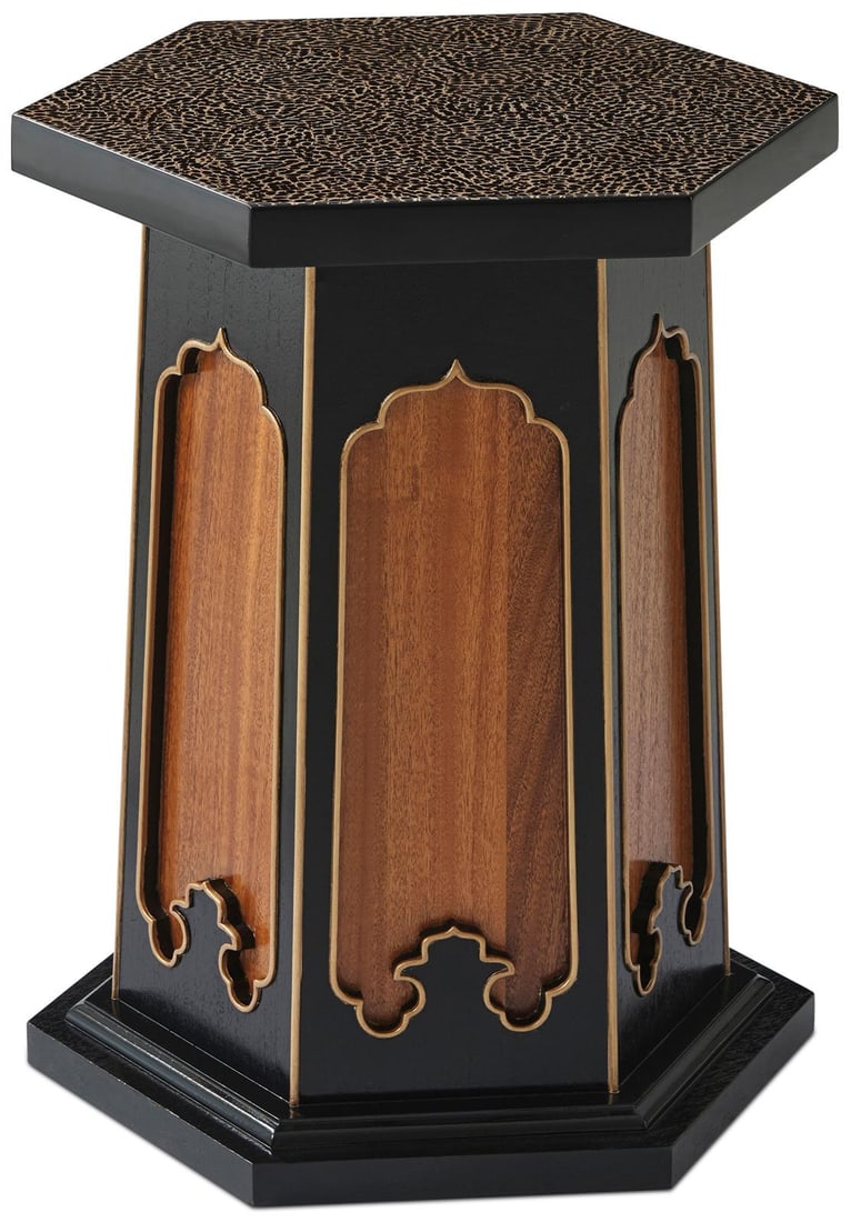 Theodore Alexander Alexa Hampton Hexagon Side Table in Seal Finish: Theodore Alexander Alexa Hampton Hexagon Side Table in Seal Finish Introducing the Alexa Hampton Hexagon Accent Table, a stunning piece that combines functionality and style. Crafted from mahogany and