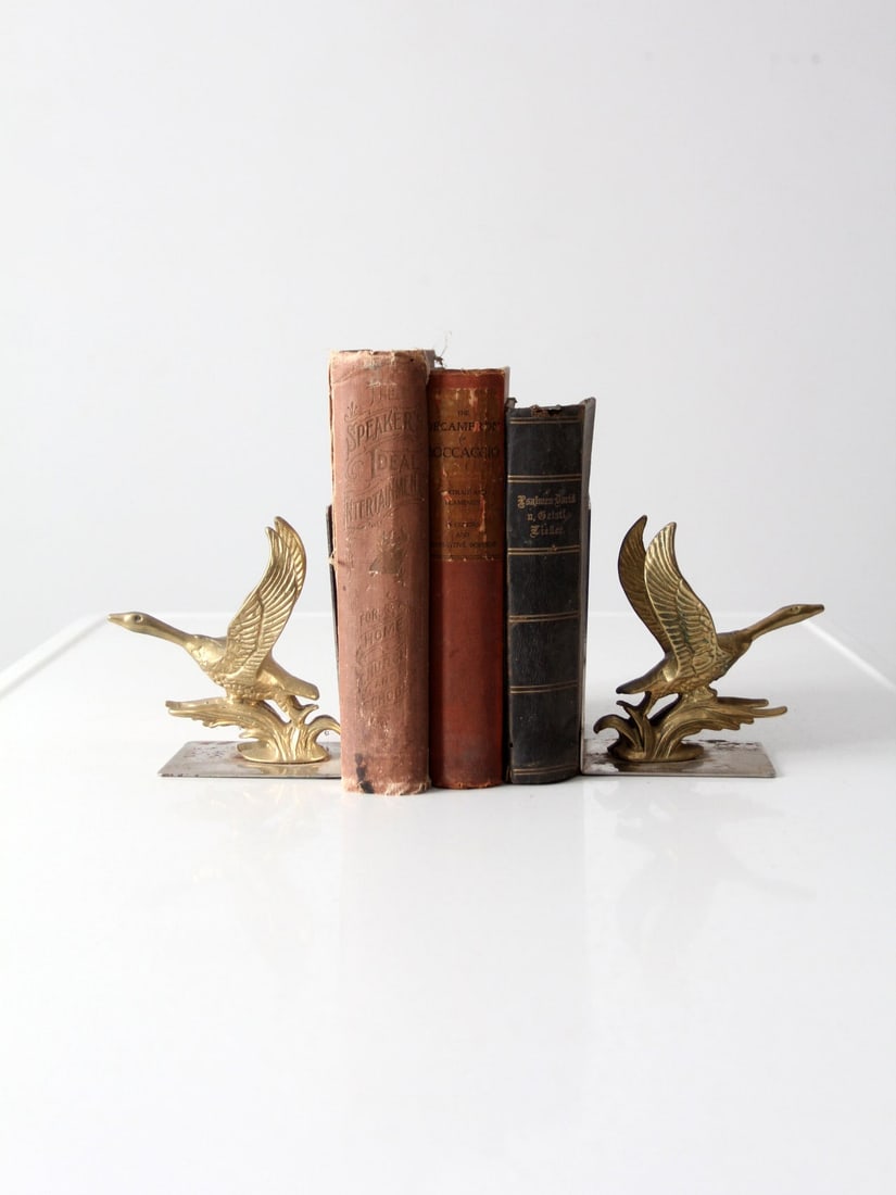 Vintage Mid-Century Duck Bookends Chrome Brass Decorative Pair: Vintage Mid-Century Duck Bookends Chrome Brass Decorative Pair This exquisite pair of Mid-Century Duck Bookends showcases a stylish design featuring chrome frames that elegantly hold brass ducks in mi