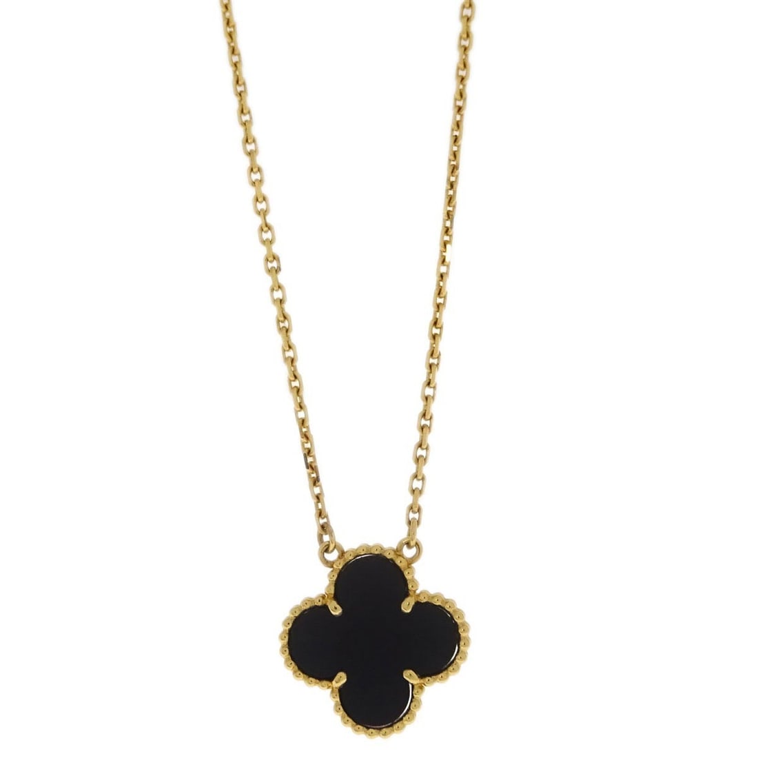 Van Cleef & Arpels Alhambra Onyx Pendant Necklace Au750 Charm: Van Cleef & Arpels Alhambra Onyx Pendant Necklace Au750 Charm This exquisite Van Cleef & Arpels Alhambra Pendant Necklace features a stunning onyx charm, beautifully crafted from 18k gold (Au750). The