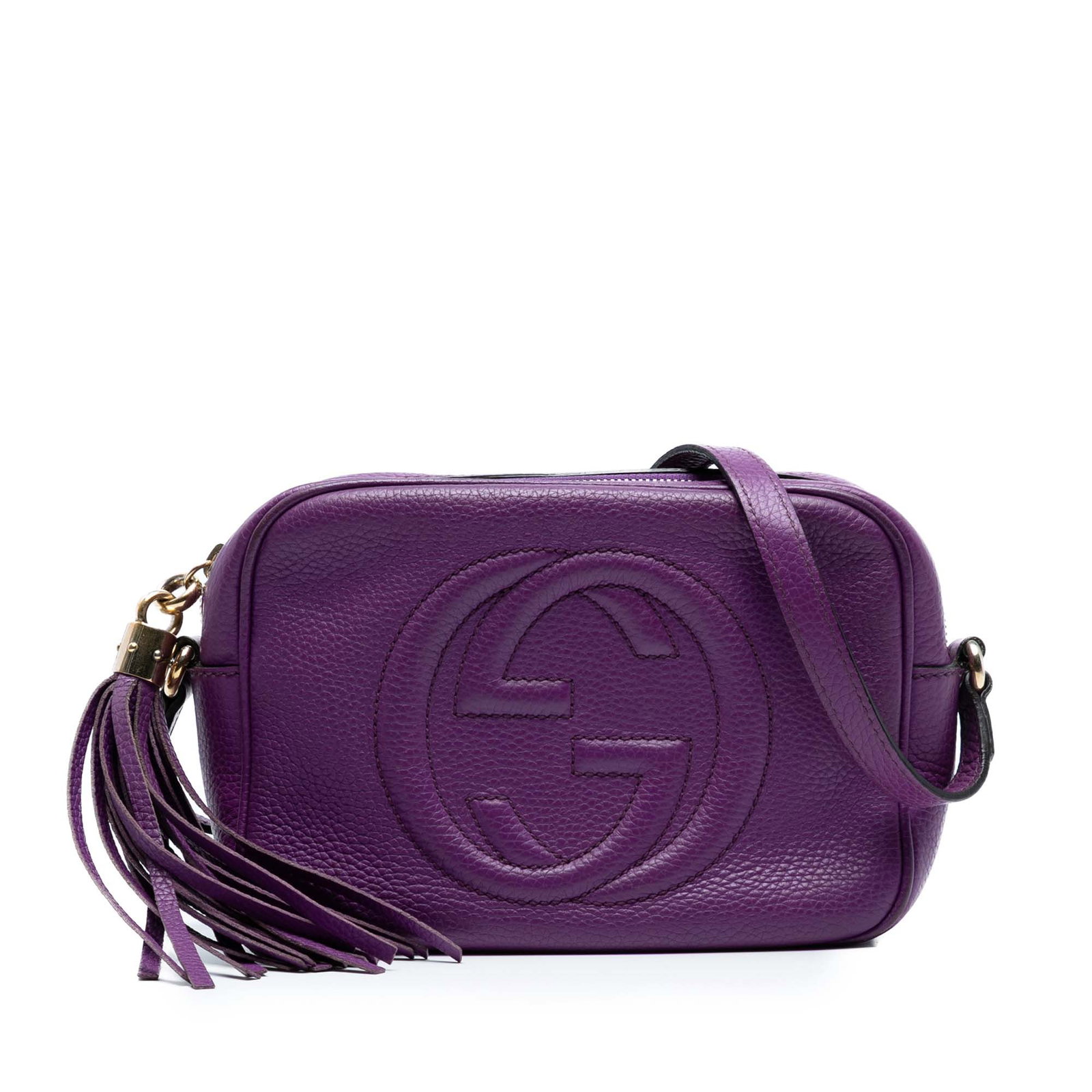 Gucci Purple Metallic Leather Soho Disco Crossbody Bag: Gucci Purple Metallic Leather Soho Disco Crossbody Bag The Gucci Metallic Leather Soho Disco Crossbody is a stylish and functional accessory crafted from high-quality leather. This bag features a vibr