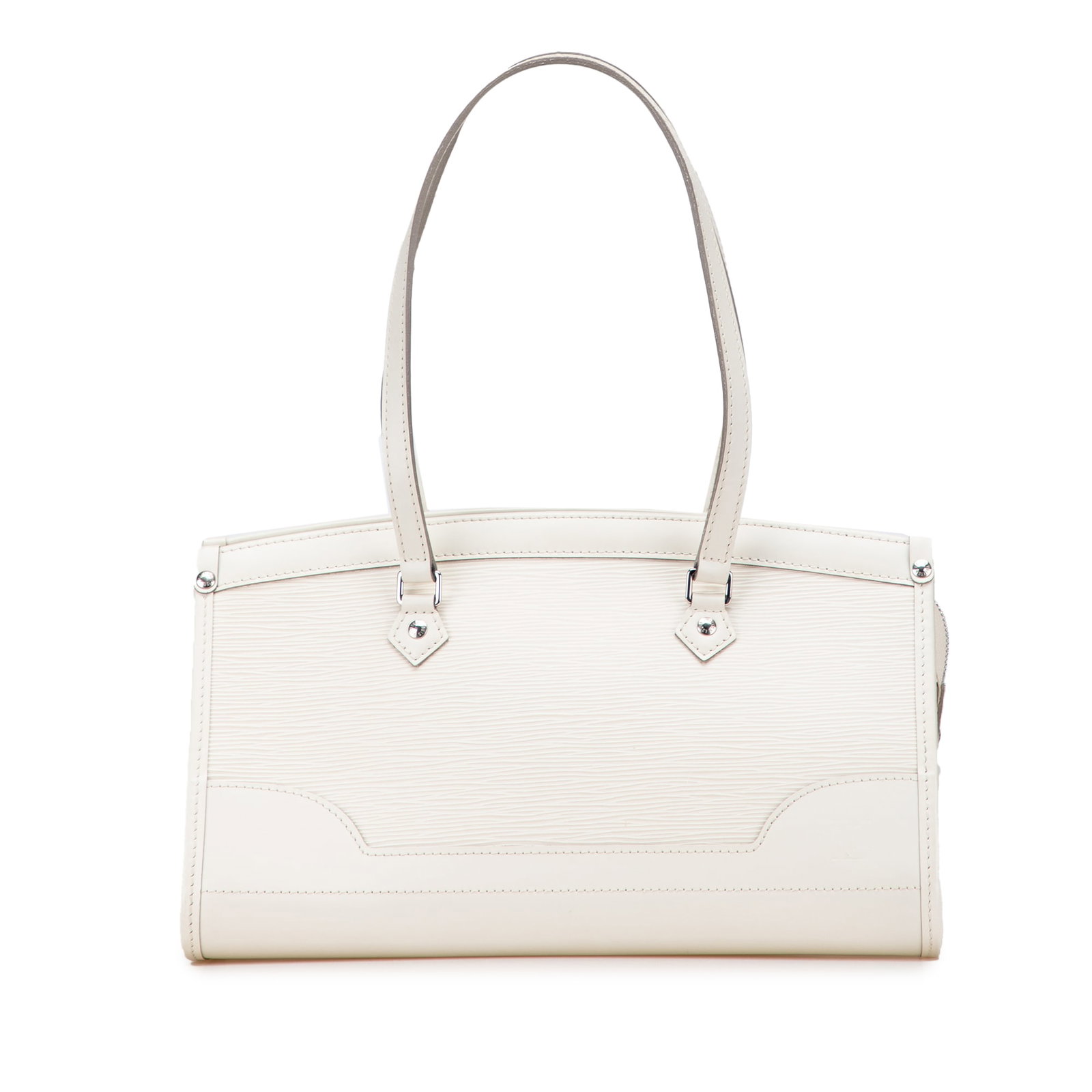 Louis Vuitton Epi Madeleine PM White Leather Handbag: Louis Vuitton Epi Madeleine PM White Leather Handbag The Louis Vuitton Epi Madeleine PM is a stylish bag crafted from durable epi leather, featuring flat leather straps for comfortable carrying. It sh