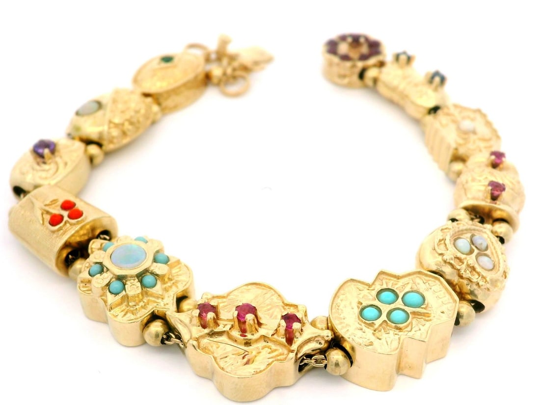 Vintage 14k Yellow Gold Multi Gemstone Slide Charm Bracelet: Vintage 14k Yellow Gold Multi Gemstone Slide Charm Bracelet This exquisite vintage bracelet features a stunning array of natural genuine gemstones, including vibrant blue opal, turquoise, coral, and o