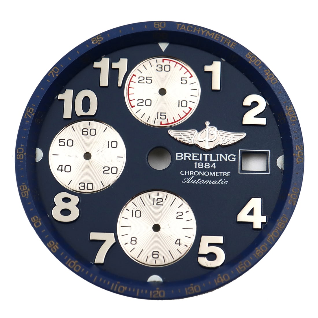 Breitling Blue Dial with Silver Subdials for 32mm Men's Chronograph: Breitling Blue Dial with Silver Subdials for 32mm Men's Chronograph This is a pre-owned Breitling watch dial featuring a striking blue color with Arabic numerals and silver subdials. The dial is desig