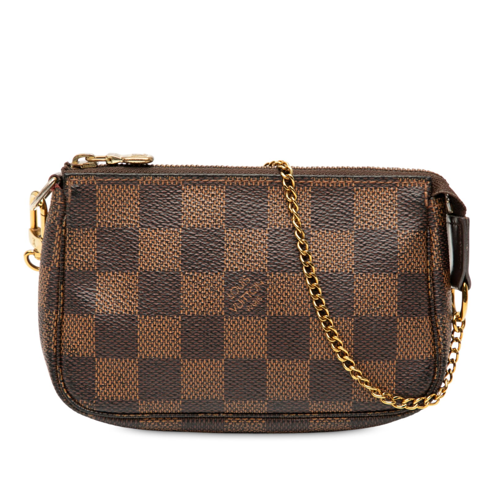 Louis Vuitton Damier Ebene Mini Pochette with Gold Chain: Louis Vuitton Damier Ebene Mini Pochette with Gold Chain The Louis Vuitton Damier Ebene Mini Pochette Accessoires is a stylish and versatile accessory crafted from durable damier canvas. This charming