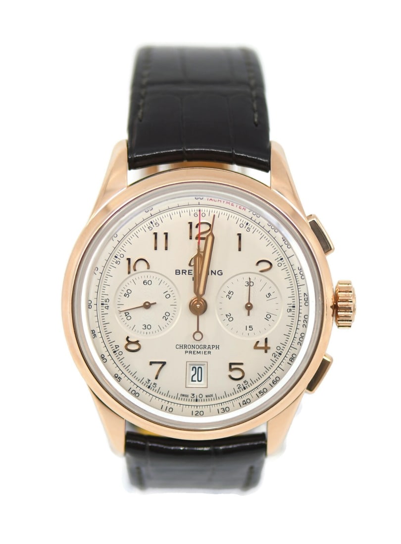 Breitling Premier B01 18K Rose Gold Chronograph Watch RB0145 with Box and Papers: Breitling Premier B01 18K Rose Gold Chronograph Watch RB0145 with Box and Papers Discover the elegance of the Breitling Premier B01 Chronograph, a luxurious wristwatch crafted in 18K rose gold. This s