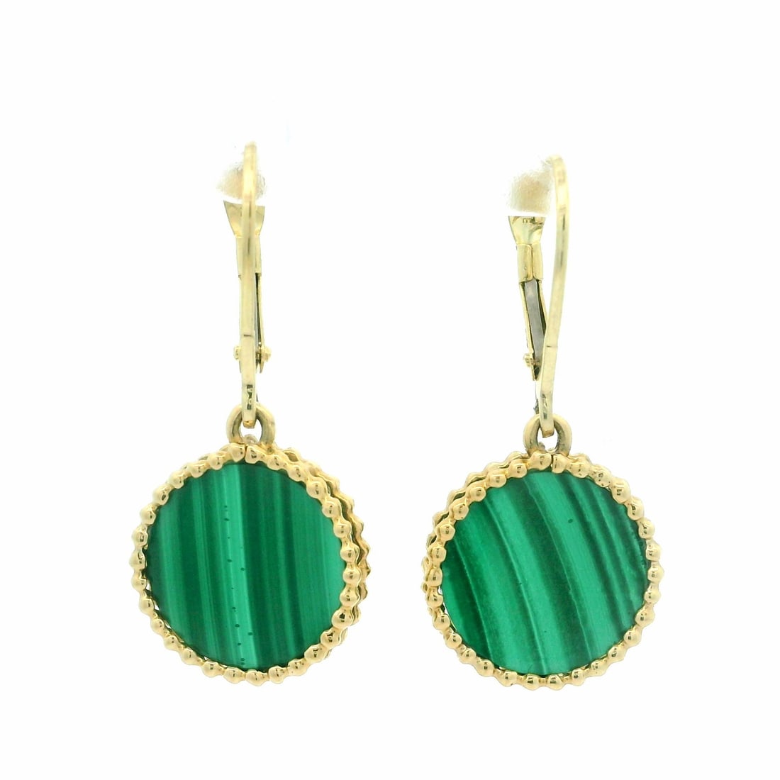 14k Yellow Gold Malachite Disk Dangle Earrings Lever Back: 14k Yellow Gold Malachite Disk Dangle Earrings Lever Back Elevate your style with these exquisite 14k Yellow Gold Malachite Disk Dangle Earrings. Designed as drop earrings, they feature two natural ge