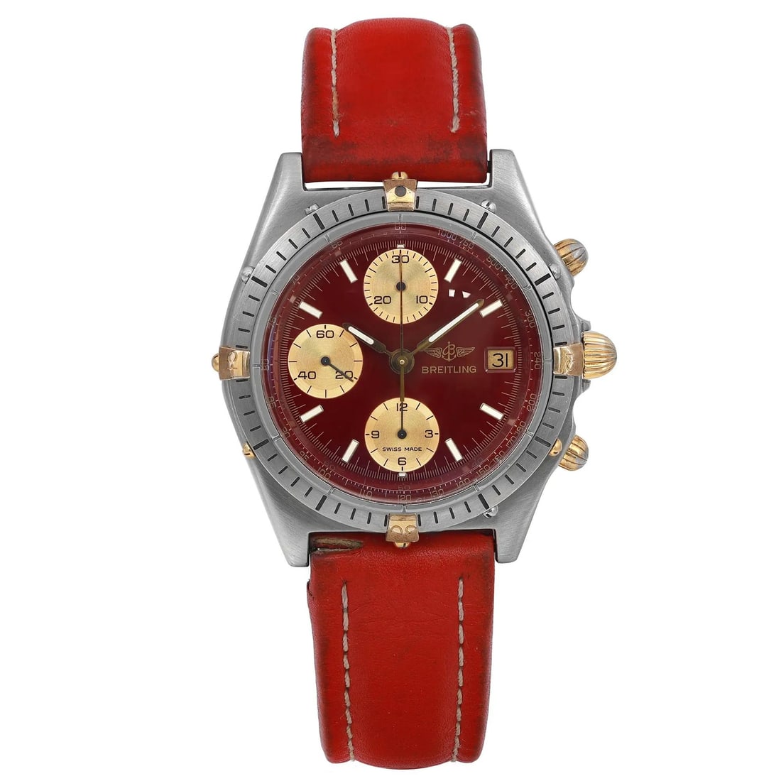 Breitling Chronomat 41 Automatic Men's Watch Burgundy Dial Steel 81950: Breitling Chronomat 41 Automatic Men's Watch Burgundy Dial Steel 81950 Discover the Breitling Chronomat 41, a classic men's wristwatch that combines elegance and functionality. This vintage timepiece