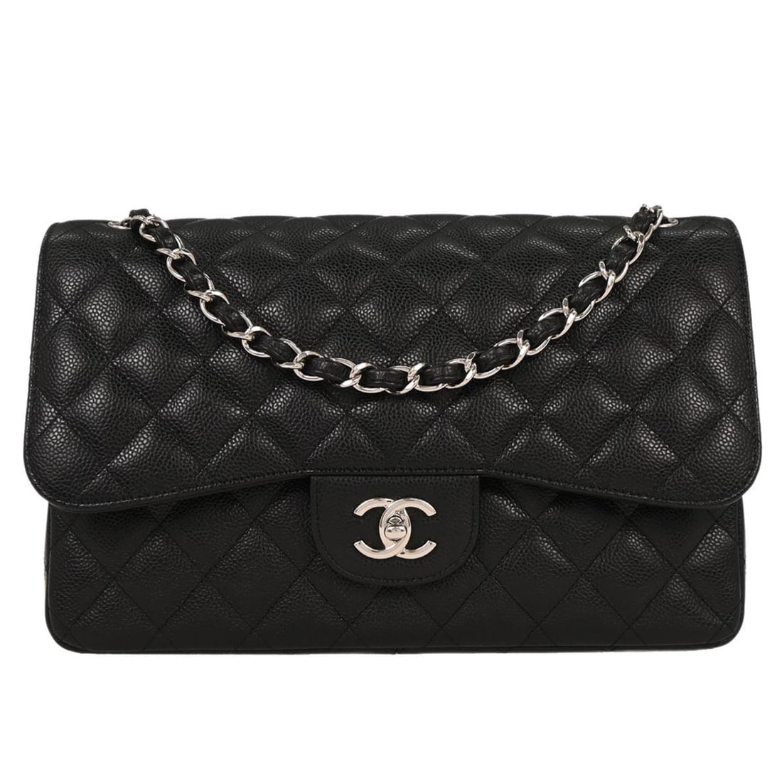 Chanel Black Caviar Leather Jumbo Classic Double Flap Shoulder Bag: Chanel Black Caviar Leather Jumbo Classic Double Flap Shoulder Bag This elegant Chanel Black Calfskin Jumbo Classic Double Flap Shoulder Bag is a timeless accessory perfect for any casual party or coc