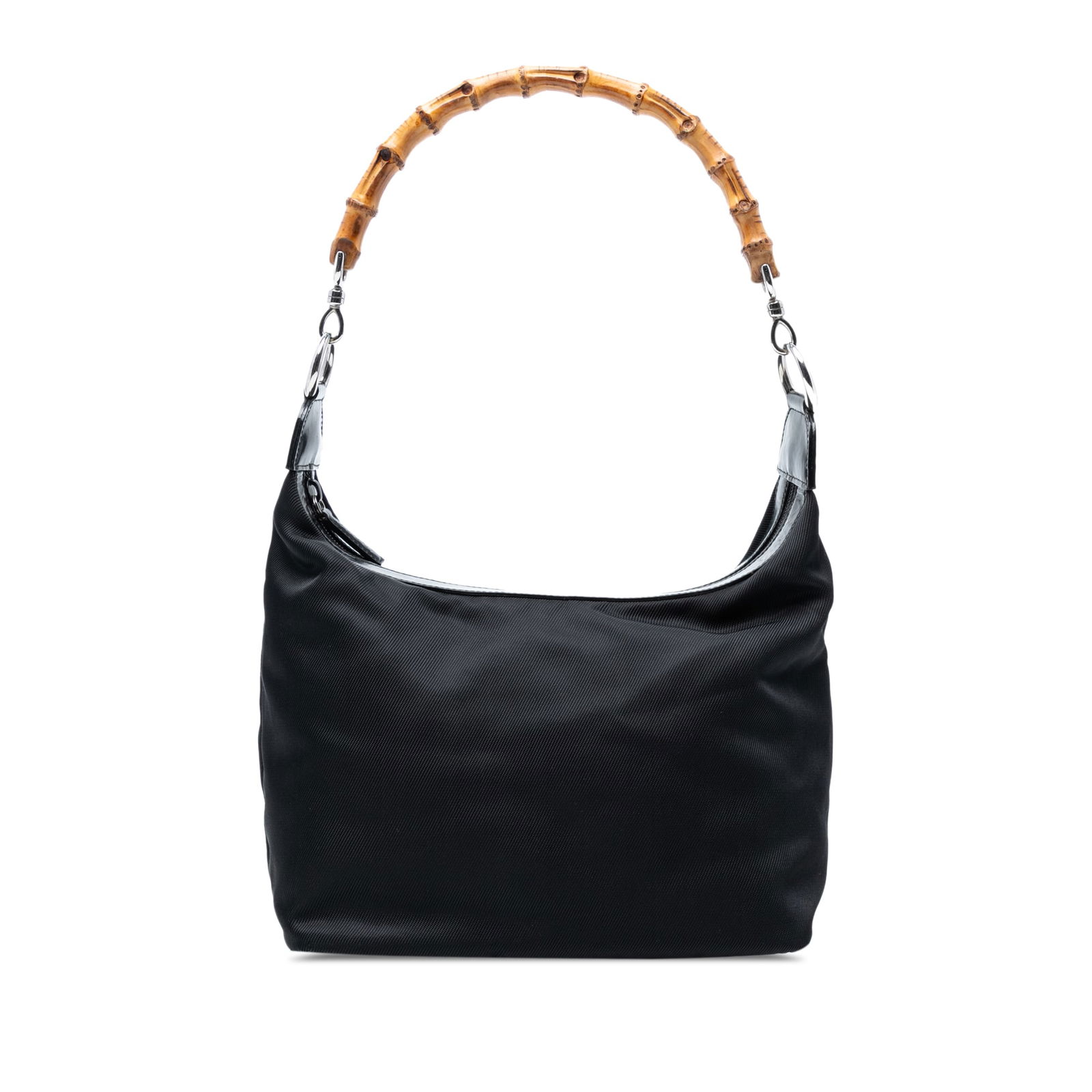 Gucci Black Nylon Bamboo Shoulder Bag with Leather Trim: Gucci Black Nylon Bamboo Shoulder Bag with Leather Trim Elevate your accessory collection with this Gucci Nylon Bamboo Shoulder Bag. Crafted from durable nylon with elegant leather trim, it features a