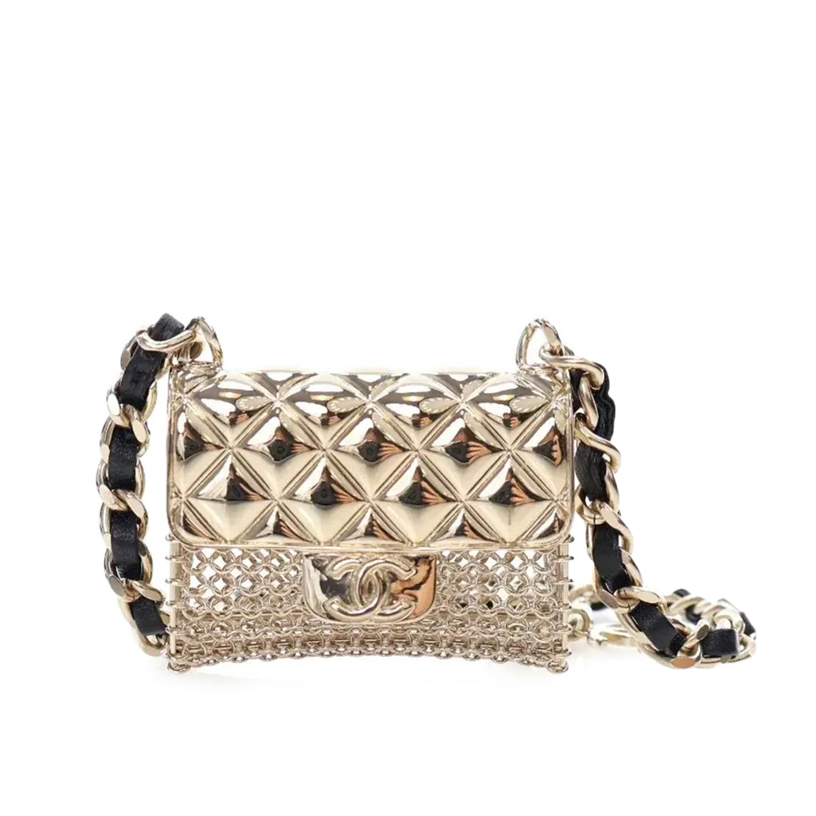 Chanel Gold Plated Lambskin Micro Flap Bag Necklace Italy: Chanel Gold Plated Lambskin Micro Flap Bag Necklace Italy Elevate your accessory collection with this Chanel Gold Plated Lambskin Micro Flap Bag Pendant Necklace. This stylish piece features a luxurio