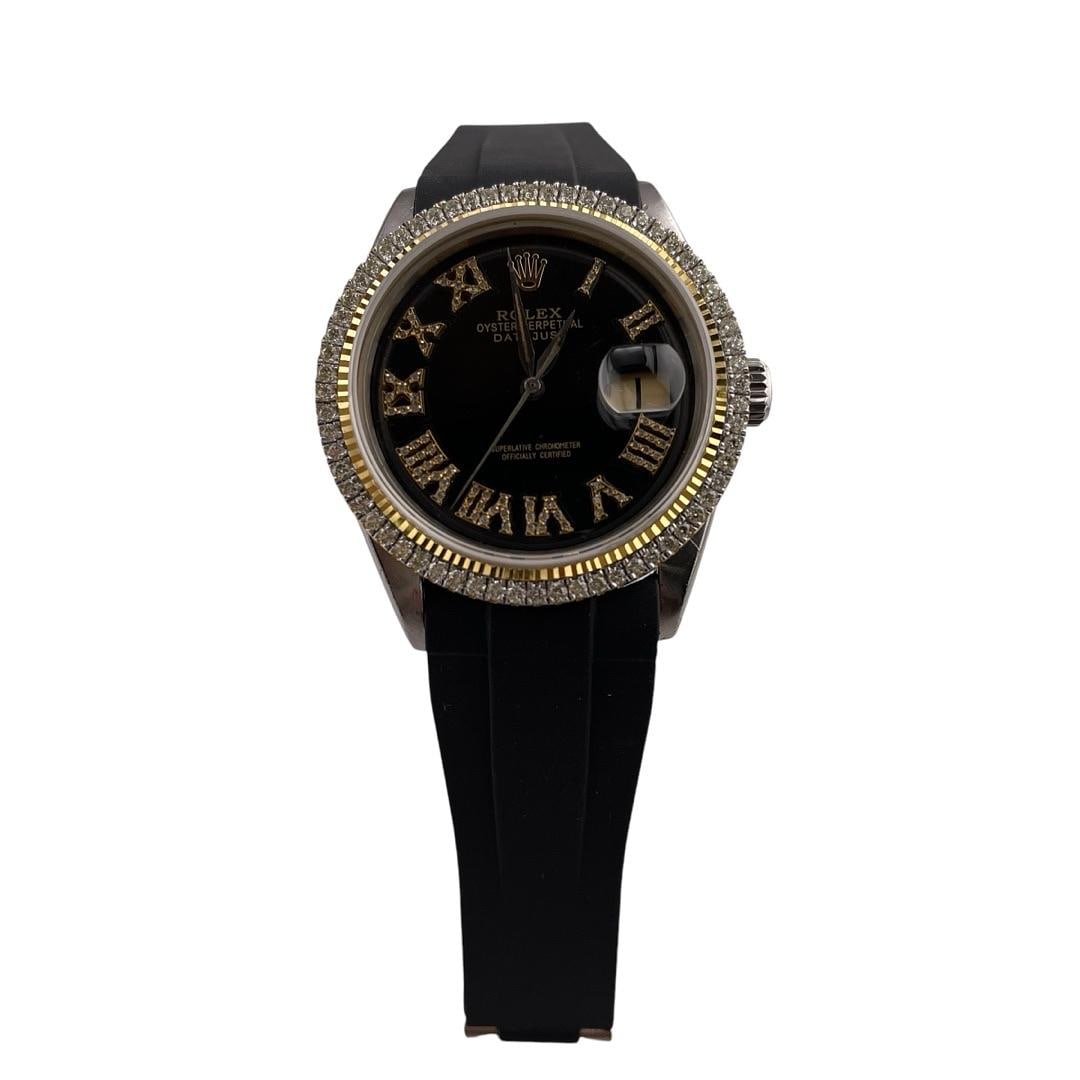 Rolex Datejust 1601 Men's Watch After Market Black Roman Dial Diamond Bezel Rubber Bracelet (1 of 1)