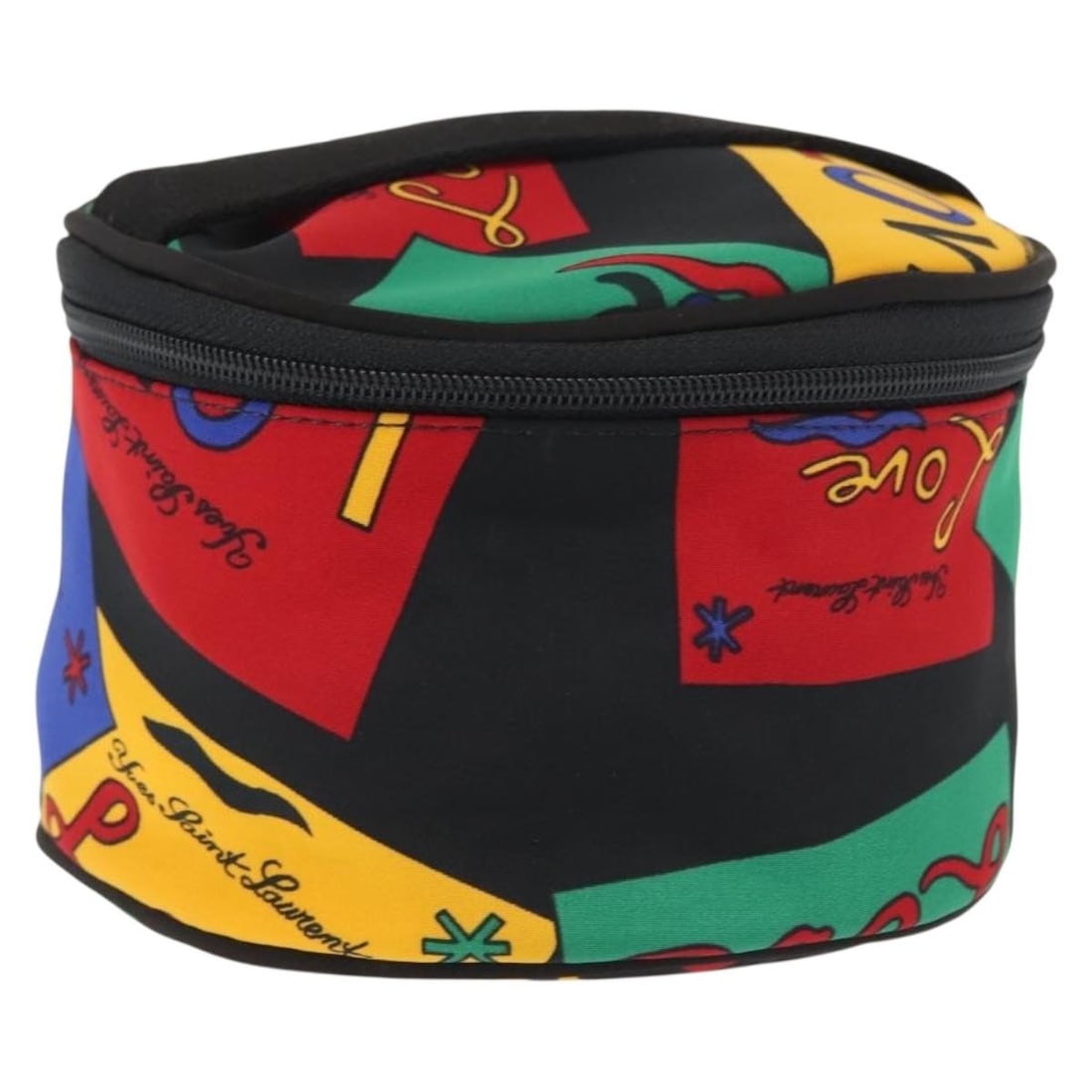 SAINT LAURENT Black Gold Nylon Vanity Pouch Made in France: SAINT LAURENT Black Gold Nylon Vanity Pouch Made in France This stylish Saint Laurent Vanity Pouch is crafted from durable nylon in a striking black and gold color scheme. Measuring approximately 5.5