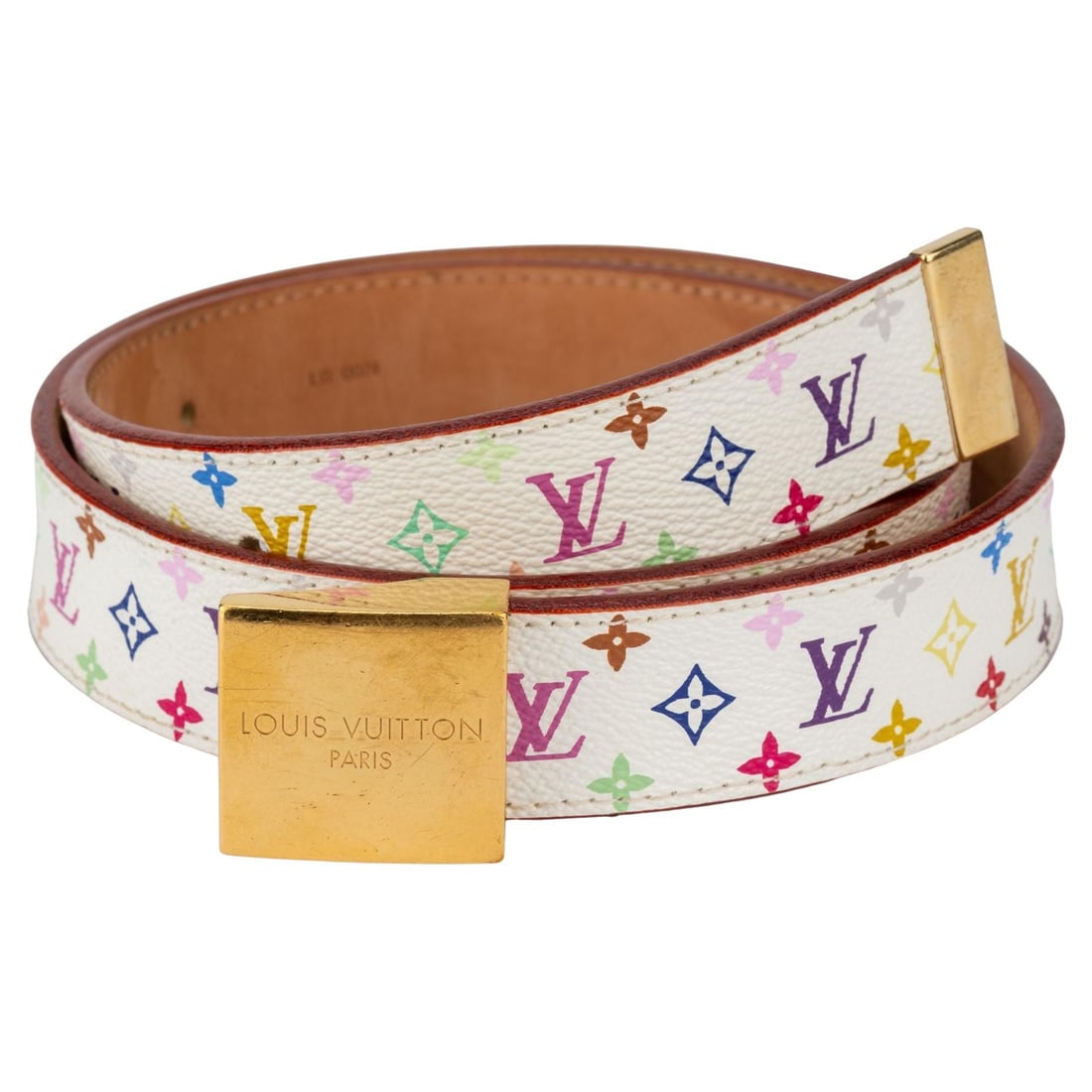 Louis Vuitton Limited Edition Murakami White Leather Belt 33.5in: Louis Vuitton Limited Edition Murakami White Leather Belt 33.5in Discover the exquisite Louis Vuitton limited edition belt, a stunning collaboration with renowned artist Takashi Murakami from 2003. Th