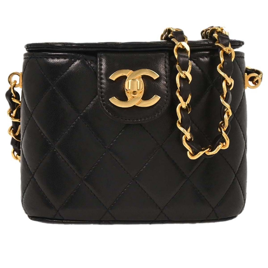Chanel Black Lambskin Shoulder Bag with Logo Accents: Chanel Black Lambskin Shoulder Bag with Logo Accents Elevate your accessory collection with this elegant Chanel Black Lambskin Vanity Shoulder Bag. Crafted from luxurious leather, this small shoulder