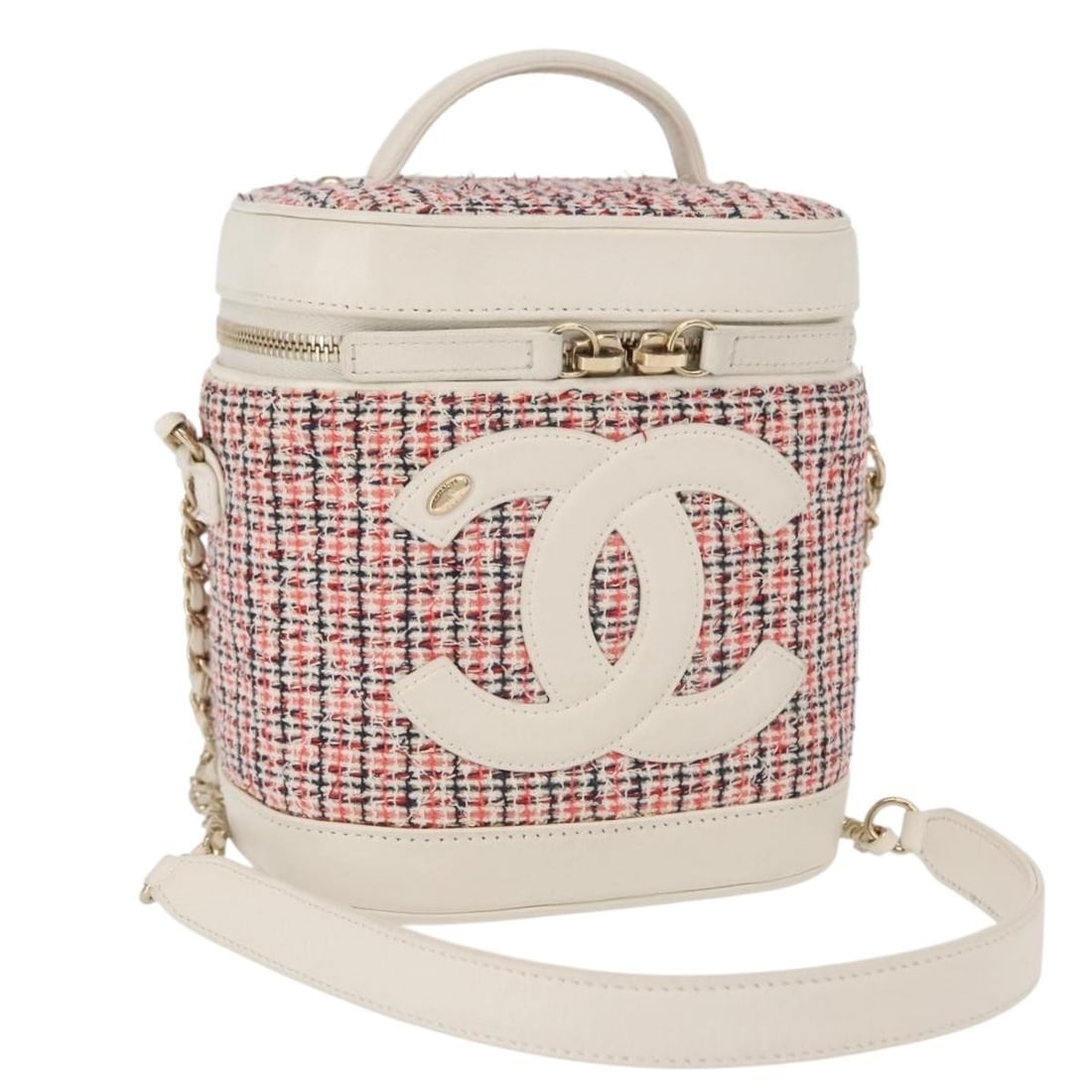 CHANEL Chain Vanity Shoulder Bag White Gold Canvas Auth 146553SAM: CHANEL Chain Vanity Shoulder Bag White Gold Canvas Auth 146553SAM This elegant CHANEL Chain Vanity Shoulder Bag features a luxurious combination of white and gold hues, crafted from high-quality canva