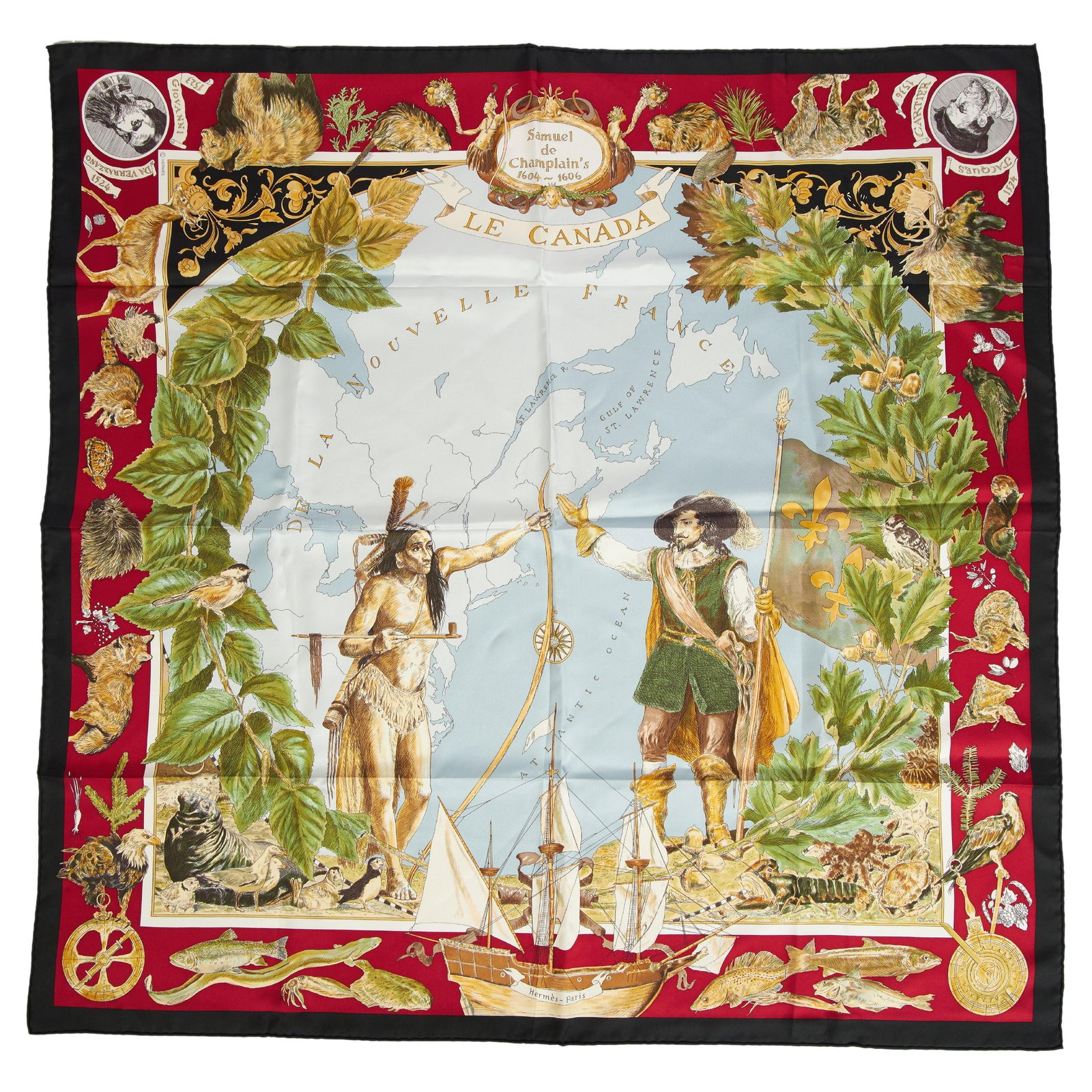 Hermes Samuel de Champlain Silk Scarf by Kermit Oliver Limited Edition: Hermes Samuel de Champlain Silk Scarf by Kermit Oliver Limited Edition Experience the elegance of this limited edition Hermes Samuel de Champlain scarf designed by Kermit Oliver. Crafted from luxuriou