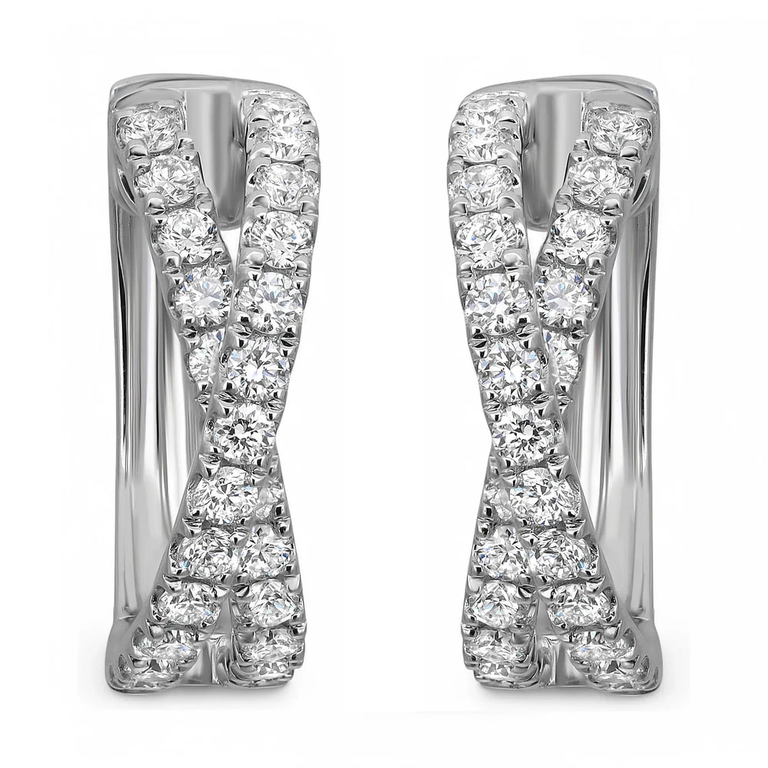 Rachel Koen 18K White Gold Crisscross Huggie Earrings with 0.85ct Natural Diamonds: Rachel Koen 18K White Gold Crisscross Huggie Earrings with 0.85ct Natural Diamonds Elevate your style with these stunning crisscross huggie earrings, crafted from luxurious 18K white gold and adorned