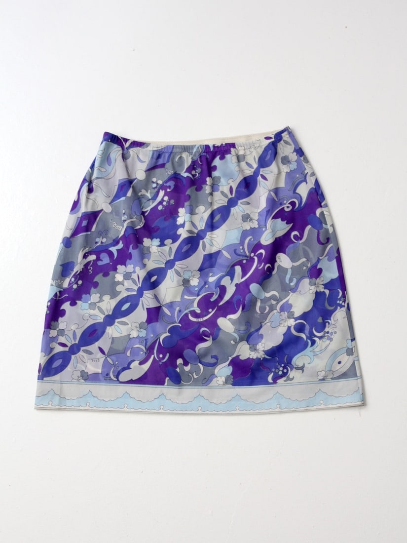 1960s Emilio Pucci Floral Half Slip by Form Fit Rogers: 1960s Emilio Pucci Floral Half Slip by Form Fit Rogers Elevate your vintage wardrobe with this stunning 1960s Emilio Pucci for Form Fit Rogers half slip, adorned with lush floral patterns in violet, r