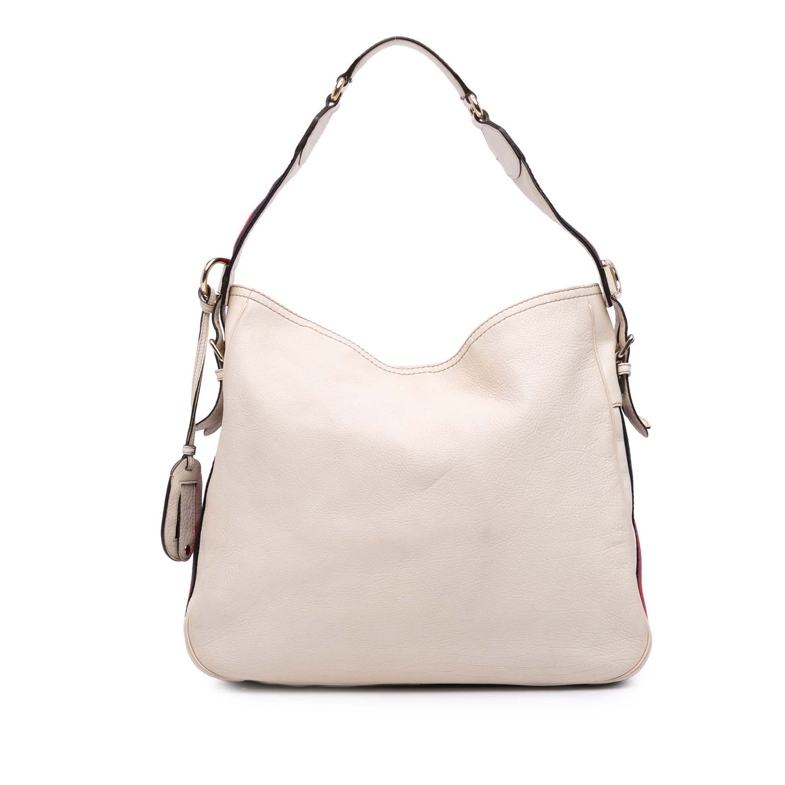 Gucci Medium White Pebbled Calfskin Web Heritage Shoulder Bag: Gucci Medium White Pebbled Calfskin Web Heritage Shoulder Bag Introducing the Gucci Medium Pebbled Calfskin Web Heritage Shoulder Bag, a stylish and functional accessory crafted from luxurious leather