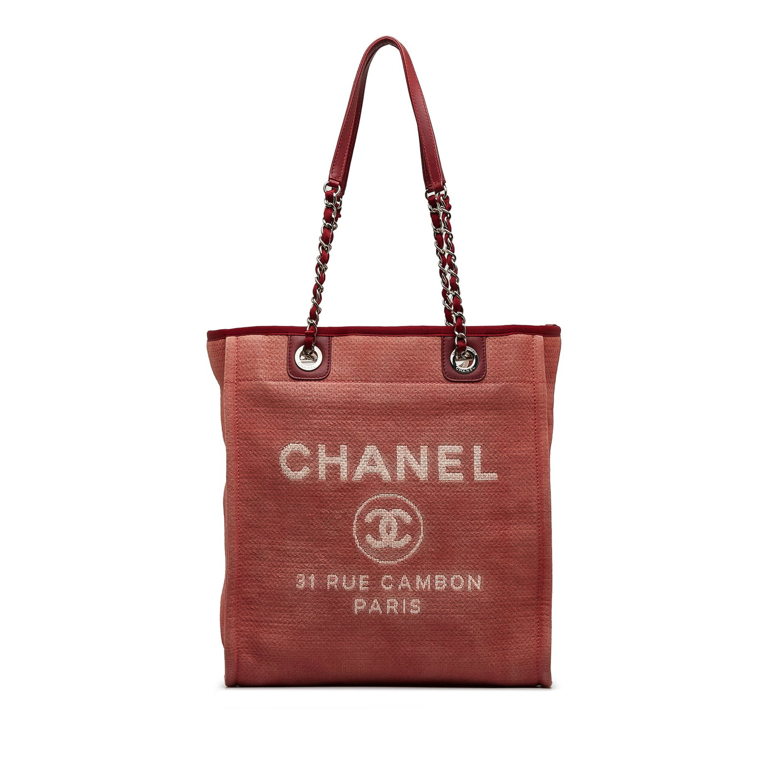 Chanel Mini Deauville Tote Red Canvas with Leather Straps: Chanel Mini Deauville Tote Red Canvas with Leather Straps The Chanel Mini Mixed Fibers Deauville Tote is a stylish bag crafted from a durable canvas material, featuring flat leather woven chain should