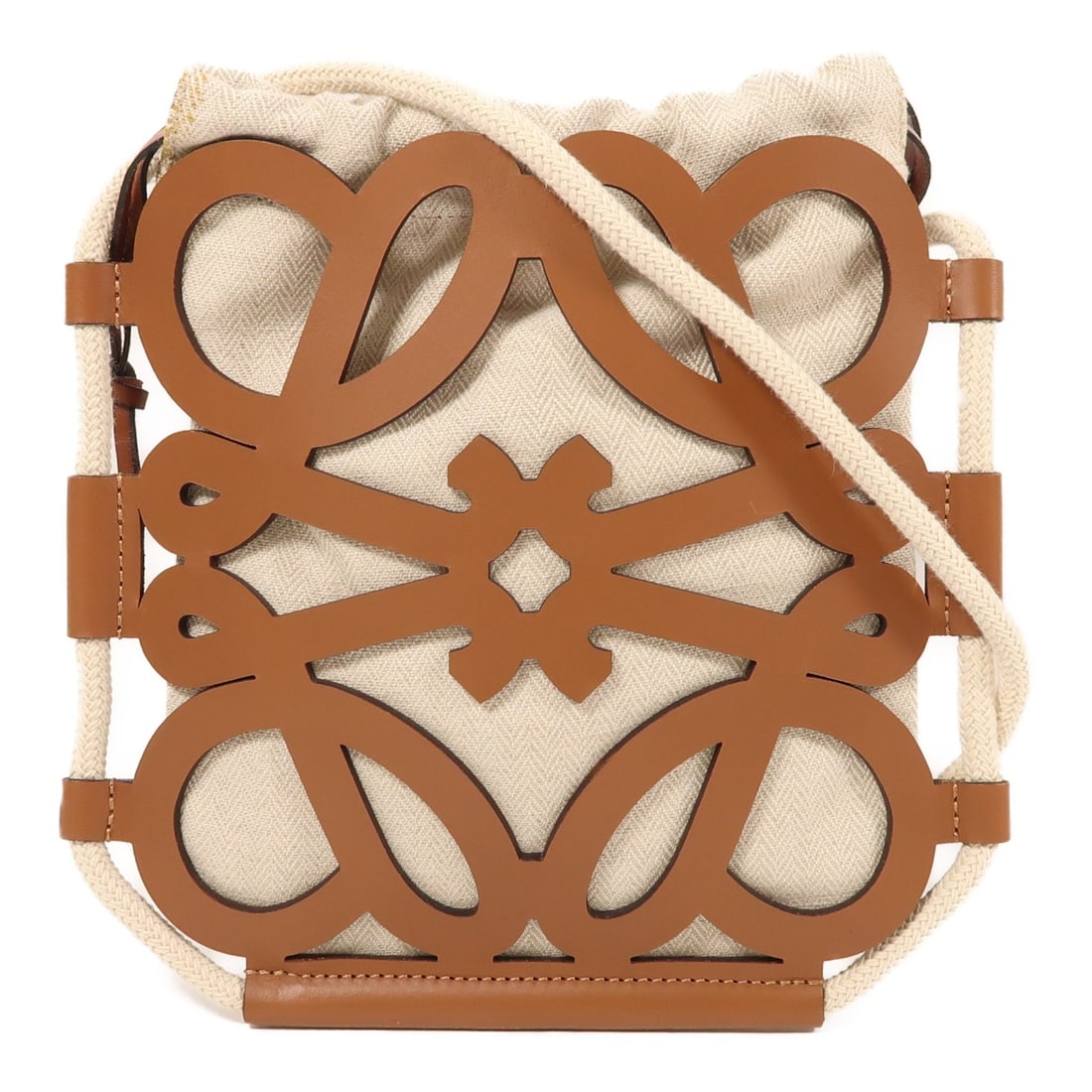 LOEWE Cutout Shoulder Bag White Brown Leather: LOEWE Cutout Shoulder Bag White Brown Leather This LOEWE Cutout Shoulder Bag is crafted from high-quality leather with a chic white exterior, making it a stylish addition to any outfit. The bag boasts