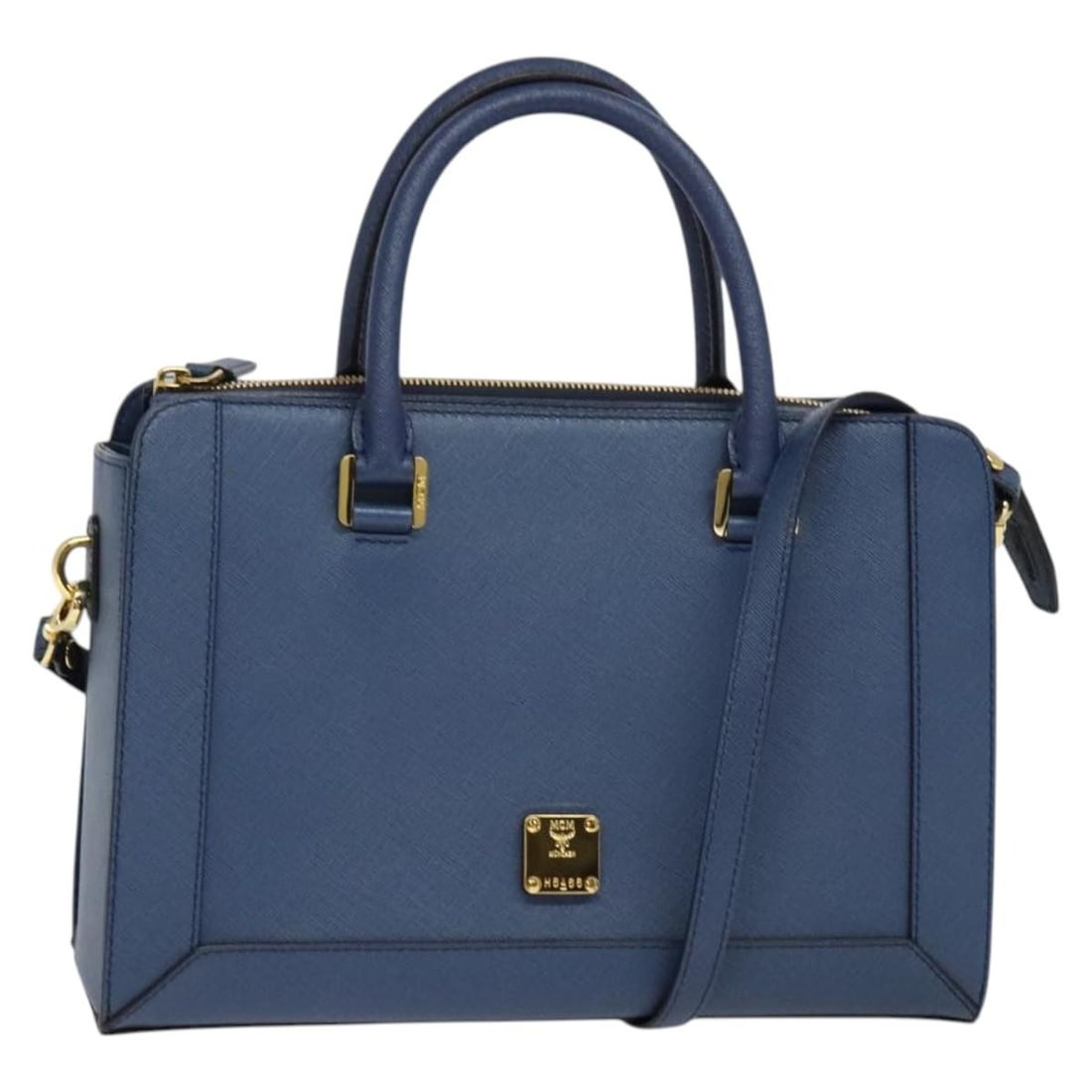 MCM Blue Gold Saffiano Leather Hand Bag BA863 with Dust Bag: MCM Blue Gold Saffiano Leather Hand Bag BA863 with Dust Bag This exquisite MCM Hand Bag is crafted from premium Saffiano leather, featuring a striking blue and gold color combination. Designed for ver