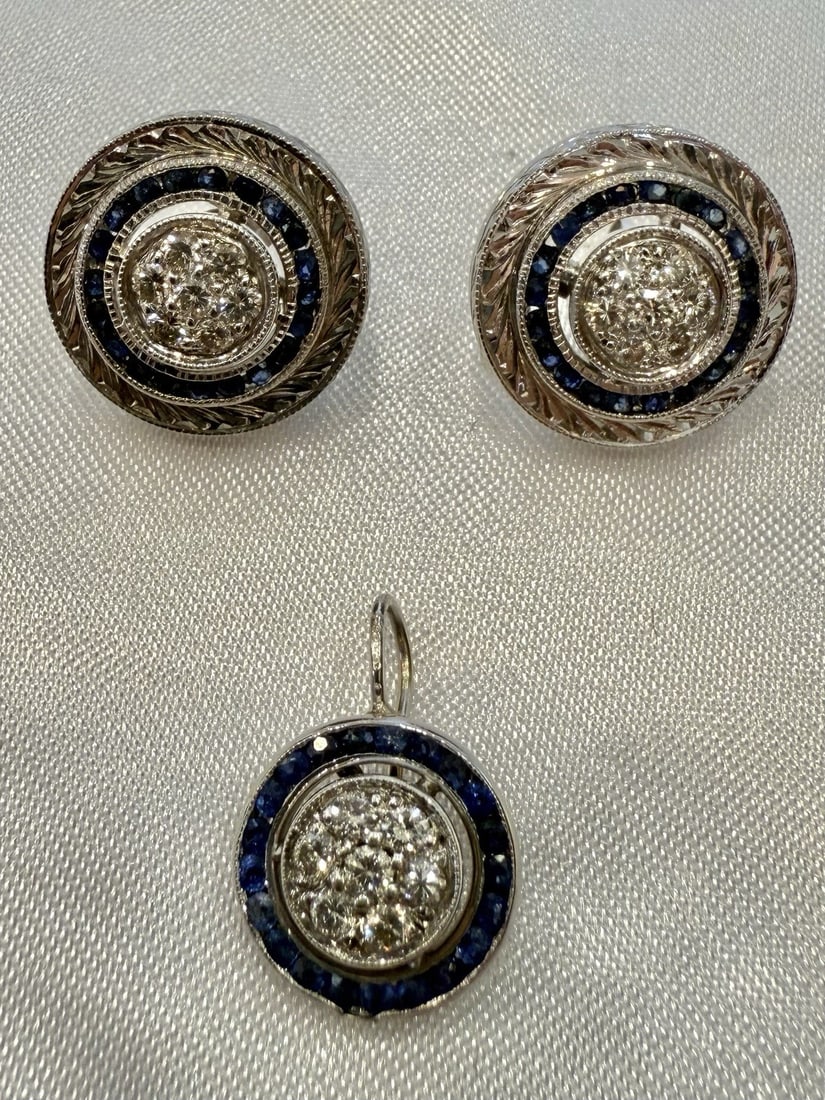Stunning 14K White Gold Diamond Sapphire Earrings and Pendant Set: Stunning 14K White Gold Diamond Sapphire Earrings and Pendant Set Discover an exquisite set of jewelry featuring a pair of earrings and a matching pendant crafted from 14K white gold. This stunning se