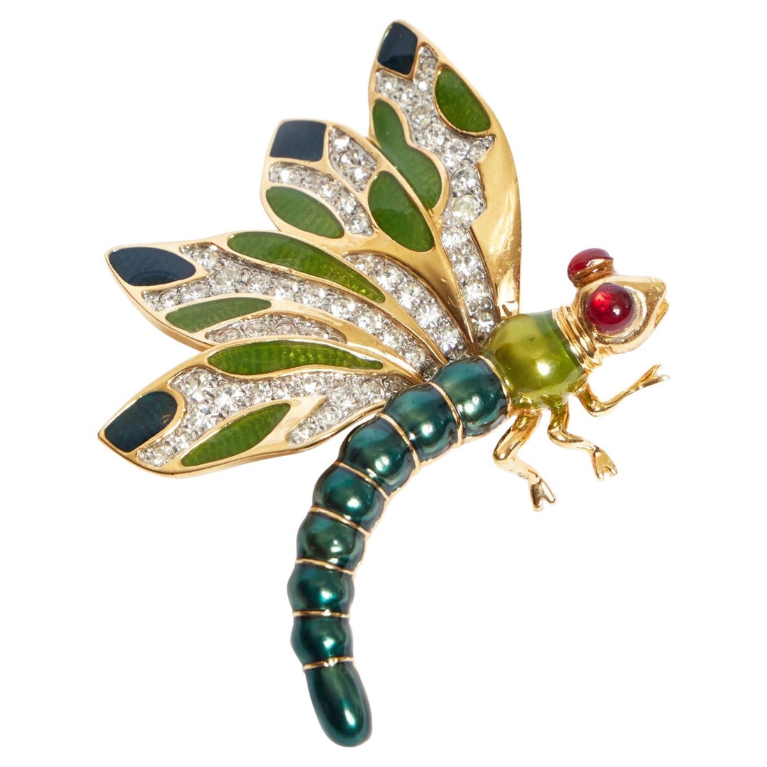 Judith Lieber Green Enamel Dragonfly Brooch with Rhinestones: Judith Lieber Green Enamel Dragonfly Brooch with Rhinestones This exquisite Judith Lieber dragonfly brooch features vibrant green enamel complemented by sparkling rhinestones, showcasing a stunning de