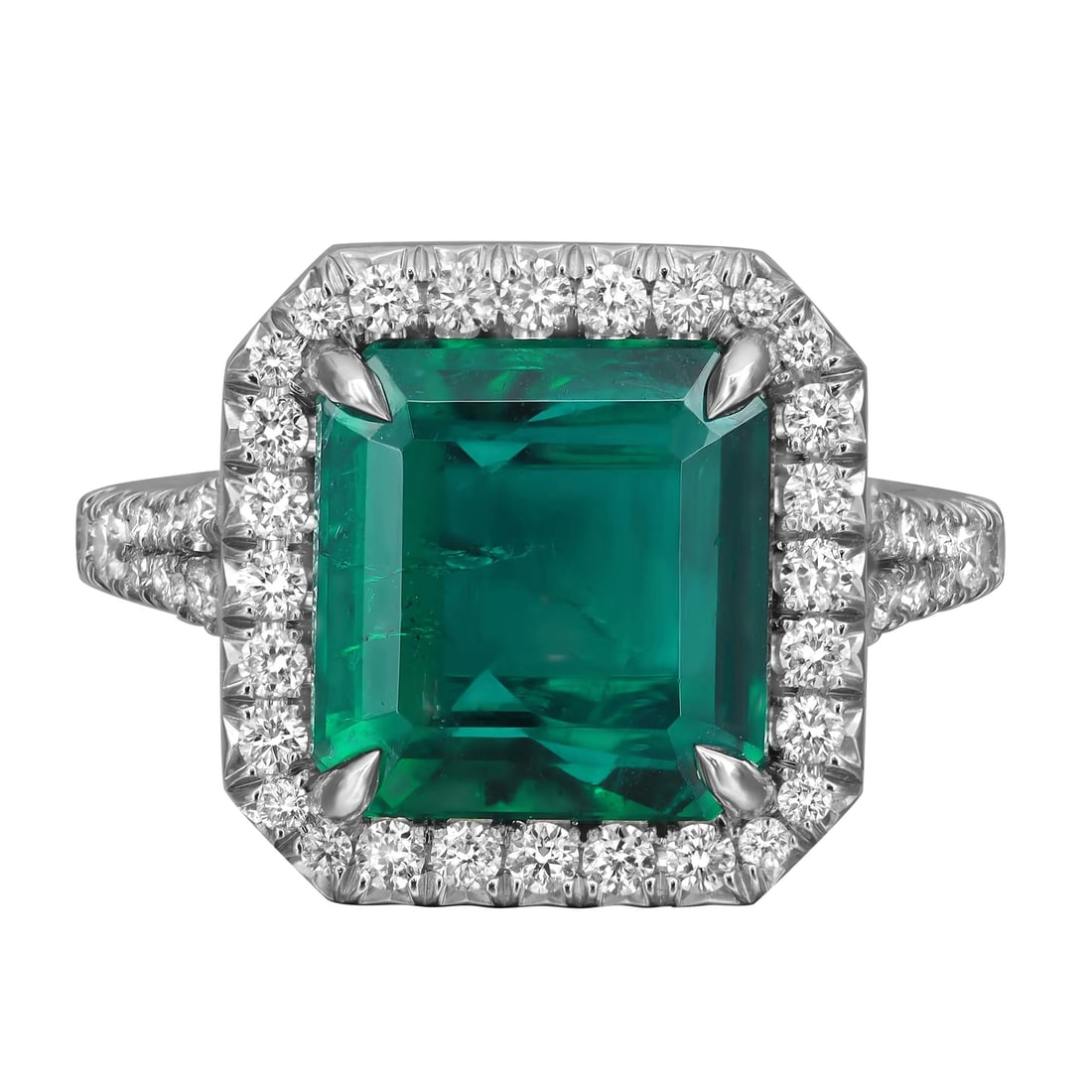 Rachel Koen GIA Certified 3.57ct Octagonal Green Emerald Diamond Ring Platinum: Rachel Koen GIA Certified 3.57ct Octagonal Green Emerald Diamond Ring Platinum This stunning engagement ring showcases a GIA Certified octagonal Zambian green emerald, weighing 3.57 carats, at its cen