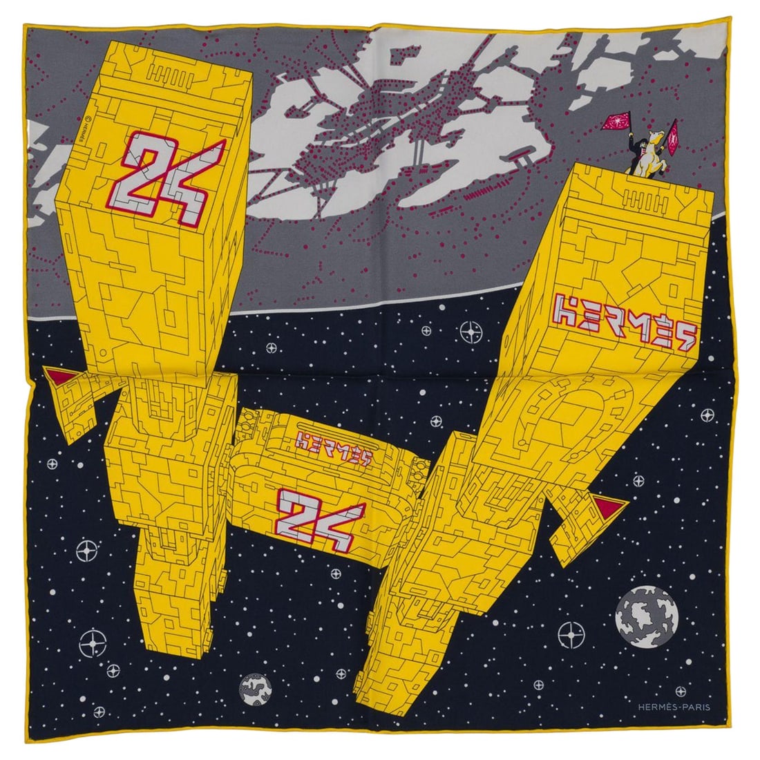 Hermes Yellow Spaceship Gavroche Silk Scarf with Box: Hermes Yellow Spaceship Gavroche Silk Scarf with Box Discover the unique charm of this Hermes Rare Yellow Spaceship Gavroche, designed for those who appreciate luxury and creativity. This collectible