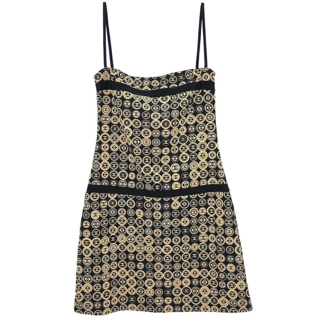 Chanel Black Camisole Mini Dress Size 38: Chanel Black Camisole Mini Dress Size 38 Elevate your casual wardrobe with this exquisite Chanel camisole dress in classic black and beige. This sleeveless mini dress, crafted from a blend of 75% nylo