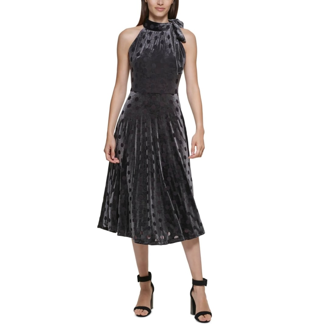 Calvin Klein Charcoal Velvet Midi Halter Dress Womens 6 Polka Dot (1 of 2)