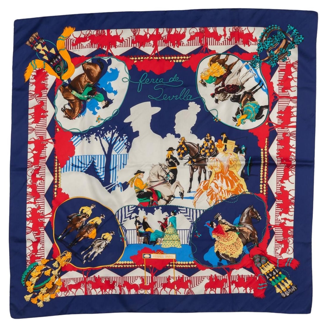 Hermes Navy Silk Feria de Sevilla Scarf 35x35 inches: Hermes Navy Silk Feria de Sevilla Scarf 35x35 inches Elevate your accessory collection with this stunning Hermes Navy Feria de Sevilla Silk Scarf. Crafted from luxurious 100% silk, this scarf features