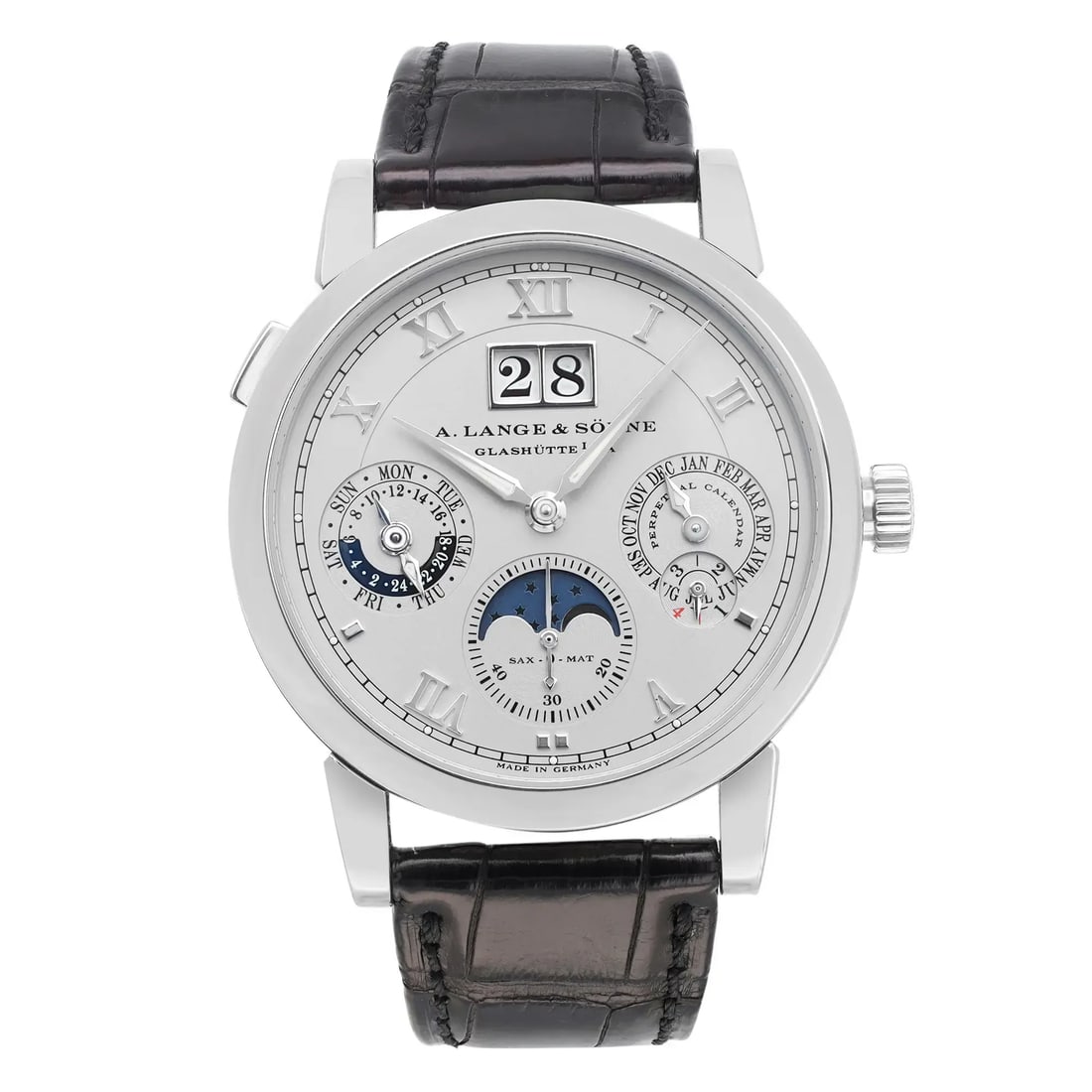 A. Lange & Sohne Langematik Platinum 38.5mm Perpetual Calendar Watch 310.025E with Box and Papers: A. Lange & Sohne Langematik Platinum 38.5mm Perpetual Calendar Watch 310.025E with Box and Papers Introducing the A. Lange & Sohne Langematik, an exquisite luxury wristwatch featuring a 38.5 mm round