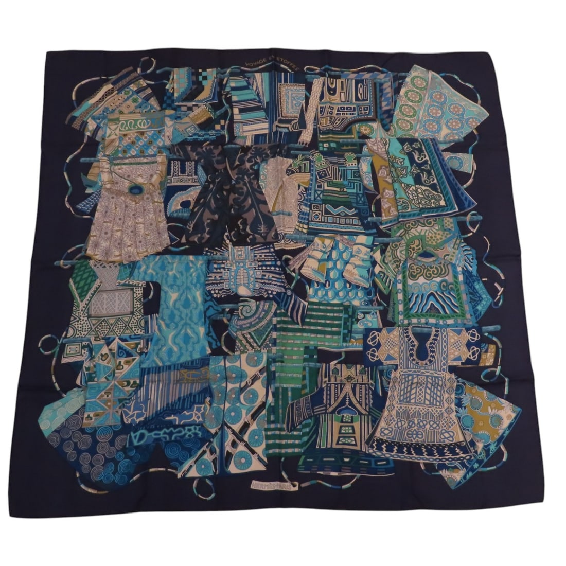 HERMES Silk Scarf 90x90 Navy Blue Green Multicolor France (1 of 7)