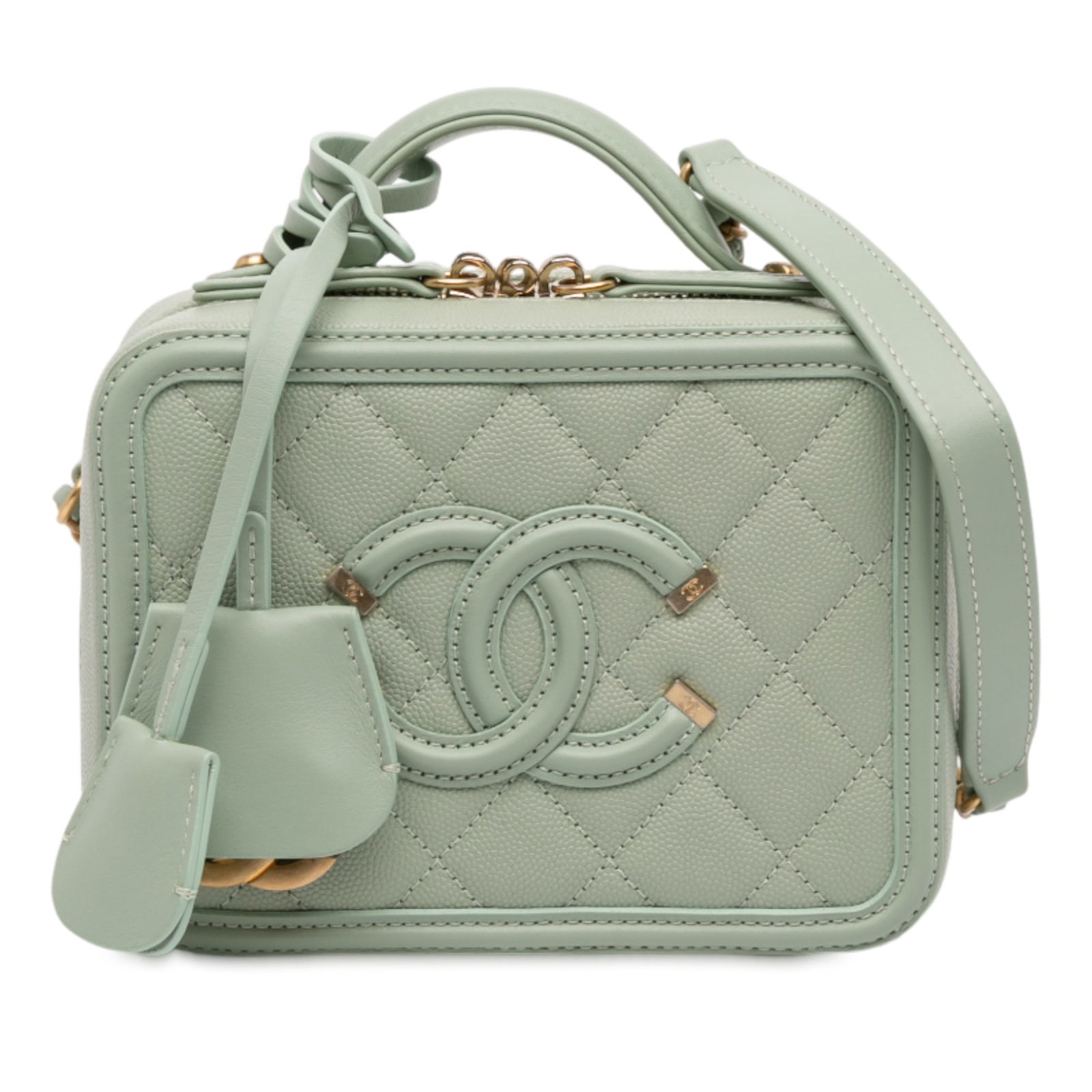 Chanel Small Green Caviar CC Filigree Vanity Case with Chain Strap: Chanel Small Green Caviar CC Filigree Vanity Case with Chain Strap Introducing the Chanel Small Caviar CC Filigree Vanity Case, a sophisticated satchel crafted from luxurious quilted caviar leather. T