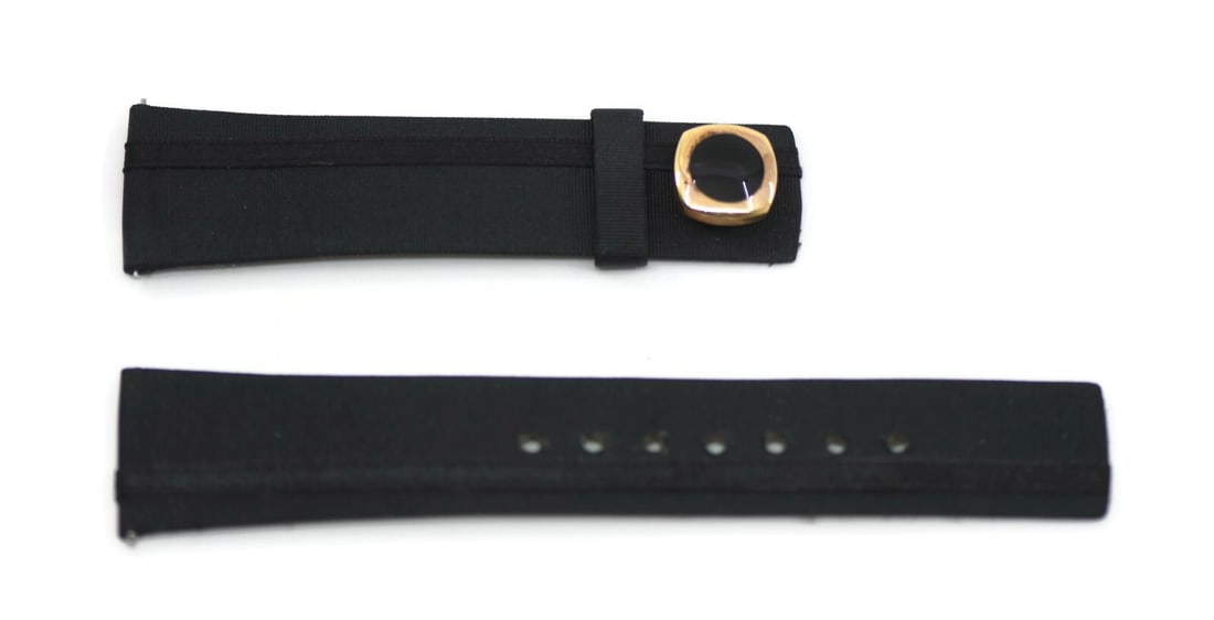 Chaumet Authentic Black Fabric Two-Piece Wristwatch Strap 21mm: Chaumet Authentic Black Fabric Two-Piece Wristwatch Strap 21mm This Chaumet wristwatch band features a sleek black fabric design, perfect for enhancing your timepiece with elegance. The two-piece stra