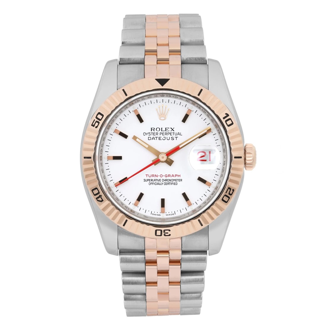 Rolex Datejust Turn-O-Graph 36mm 18K Rose Gold Stainless Steel White Dial Watch: Rolex Datejust Turn-O-Graph 36mm 18K Rose Gold Stainless Steel White Dial Watch Experience the elegance of the Rolex Datejust Turn-O-Graph, a distinguished wristwatch crafted with 18K rose gold and st