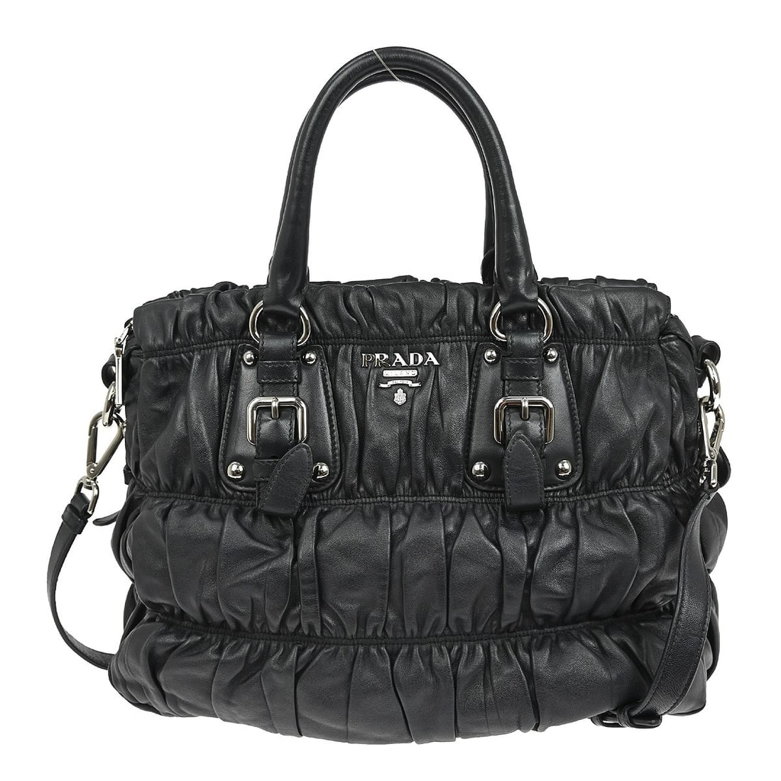 Prada Black Leather 2 Way Handbag Top Handle Italy: Prada Black Leather 2 Way Handbag Top Handle Italy This stylish PRADA black 2-way handbag is a versatile accessory perfect for casual occasions. Crafted in Italy, the handbag features a durable leathe