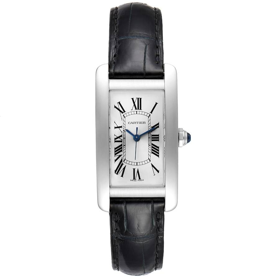 Cartier Tank Americaine Silver Roman Dial Leather Ref 4275/WSTA0017 with Card 2021: Cartier Tank Americaine Silver Roman Dial Leather Ref 4275/WSTA0017 with Card 2021 Discover the elegance of the Cartier Tank Americaine, a stunning unisex timepiece featuring a distinctive silver Roma