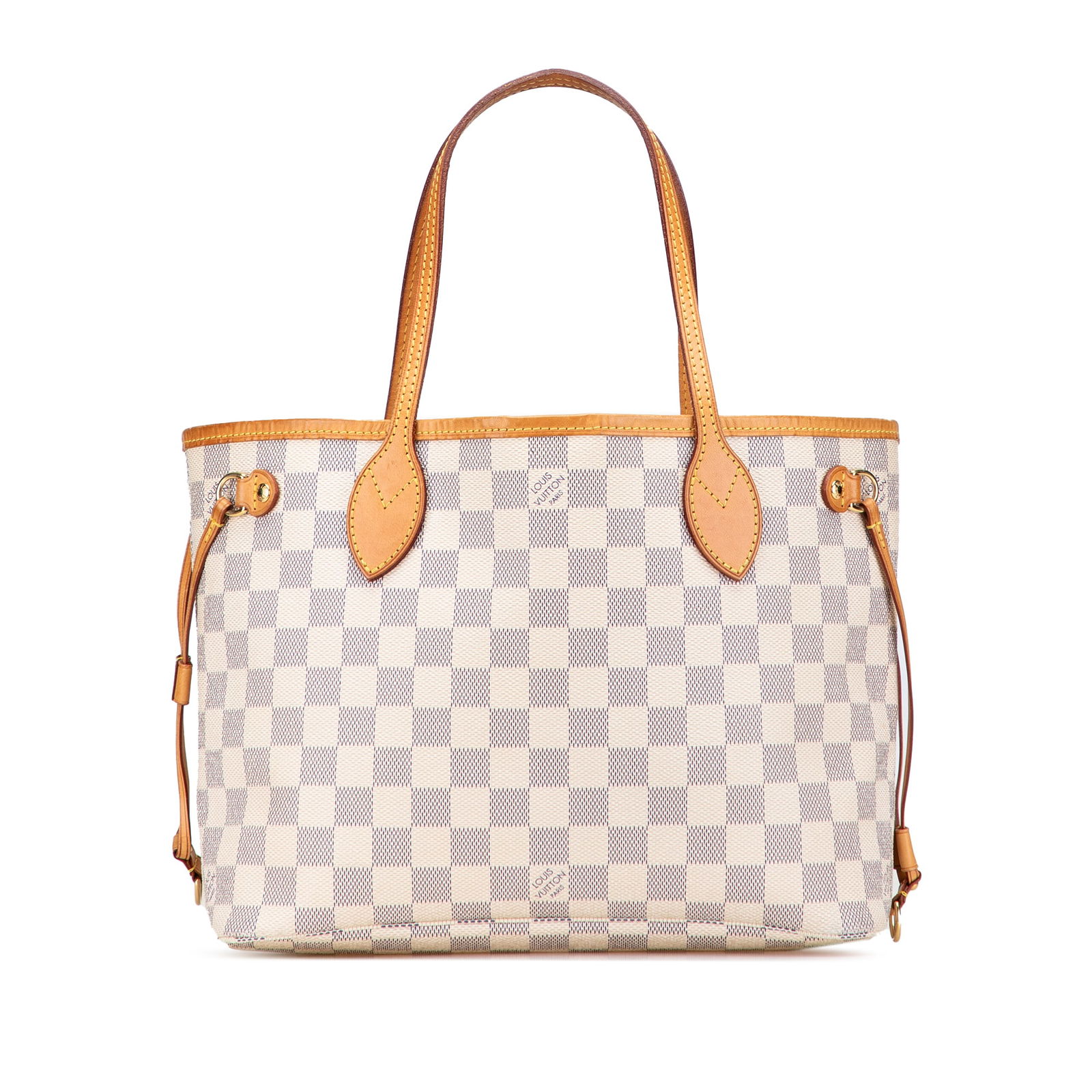 Louis Vuitton Damier Azur Neverfull PM Tote Bag White Canvas: Louis Vuitton Damier Azur Neverfull PM Tote Bag White Canvas The Louis Vuitton Damier Azur Neverfull PM is a stylish tote bag crafted from durable damier azur canvas with luxurious vachetta leather tr