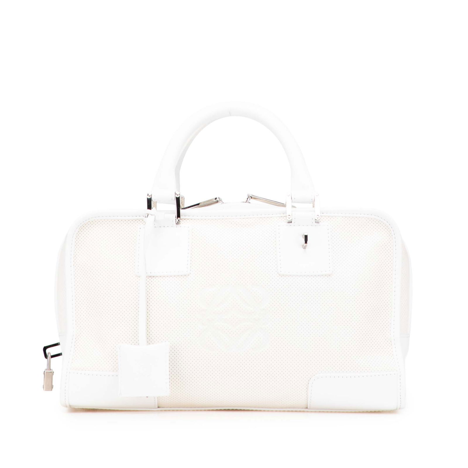 LOEWE Perforated Leather Amazona 28 White Handbag with Dust Bag: LOEWE Perforated Leather Amazona 28 White Handbag with Dust Bag The LOEWE Amazona 28 is a stylish bag crafted from perforated leather, featuring rolled leather handles and a secure top zip closure. In