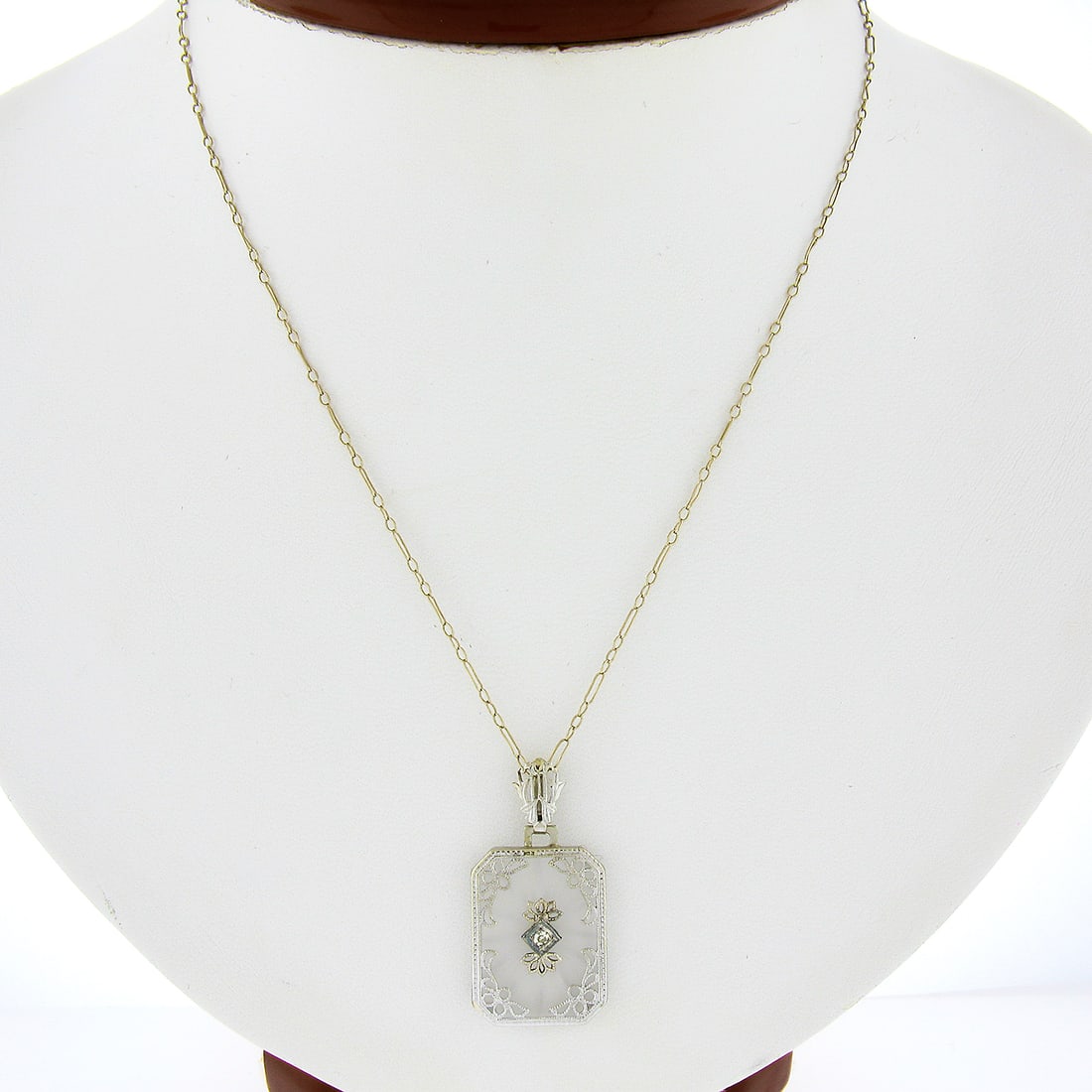 Antique Art Deco 14k White Gold Pendant Necklace with Diamond and Camphor Glass: Antique Art Deco 14k White Gold Pendant Necklace with Diamond and Camphor Glass This exquisite Antique Art Deco necklace features a stunning pendant crafted from solid 14k white gold, showcasing a bea