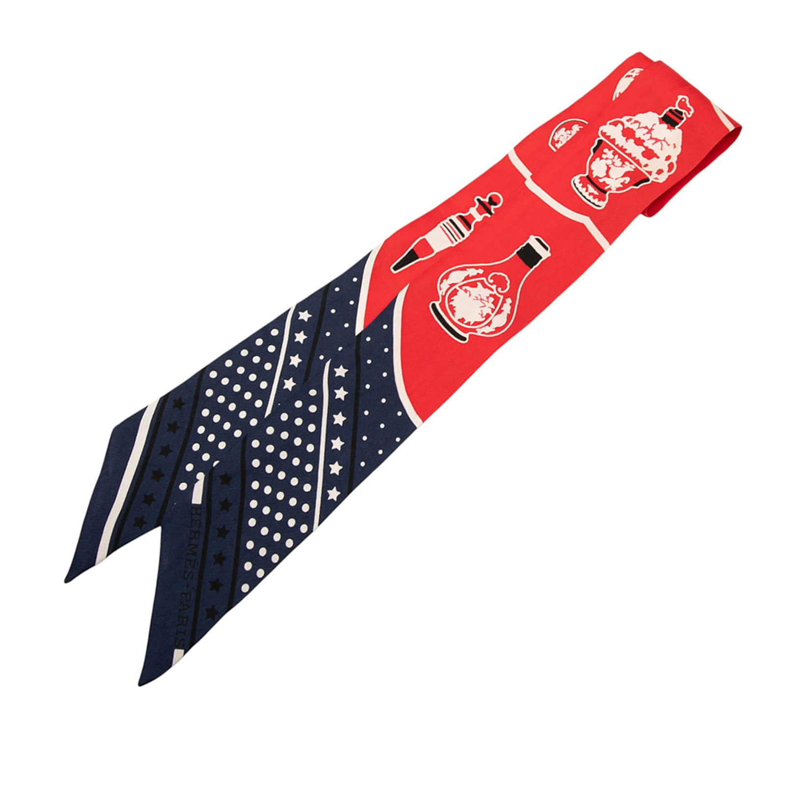 Hermes Les Flacons Bandana Red Silk Twilly Scarf: Hermes Les Flacons Bandana Red Silk Twilly Scarf Elevate your accessory collection with the exquisite Hermes Les Flacons Bandana Silk Twilly scarf. Crafted from 100% silk, this luxurious piece showcas