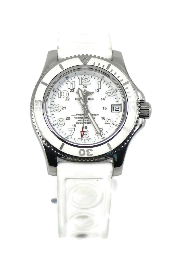 Breitling Superocean A17312 Stainless Steel Automatic Watch with Box and Papers: Breitling Superocean A17312 Stainless Steel Automatic Watch with Box and Papers Experience the precision and style of the Breitling Superocean A17312, a pre-owned stainless steel wristwatch that seaml