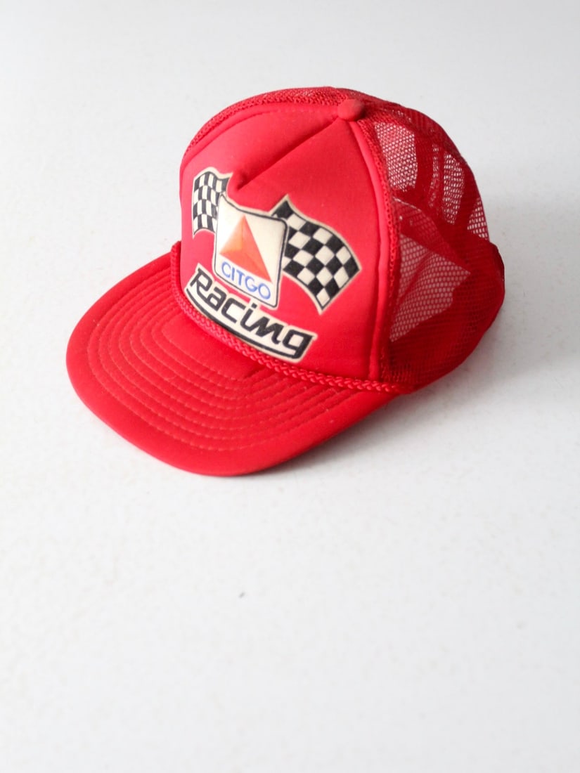 Vintage Red Citgo Racing Trucker Hat with Mesh Back: Vintage Red Citgo Racing Trucker Hat with Mesh Back This vintage Citgo trucker hat features a vibrant red polyester body complemented by a breathable nylon mesh back and an adjustable band for a comfo