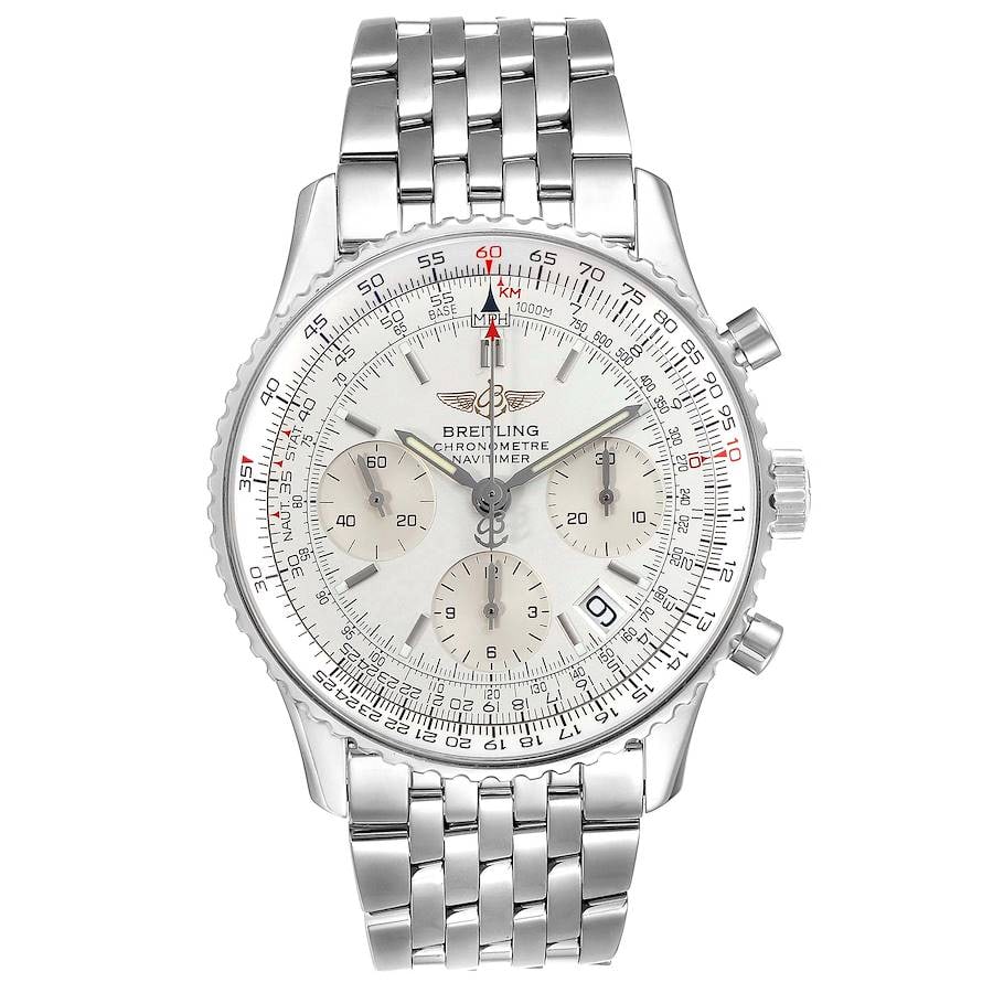 Breitling Navitimer Chronograph A23322 Mens White Dial Watch: Breitling Navitimer Chronograph A23322 Mens White Dial Watch Introducing the Breitling Navitimer Chronograph, a distinguished timepiece designed for men. This model features a striking white dial that